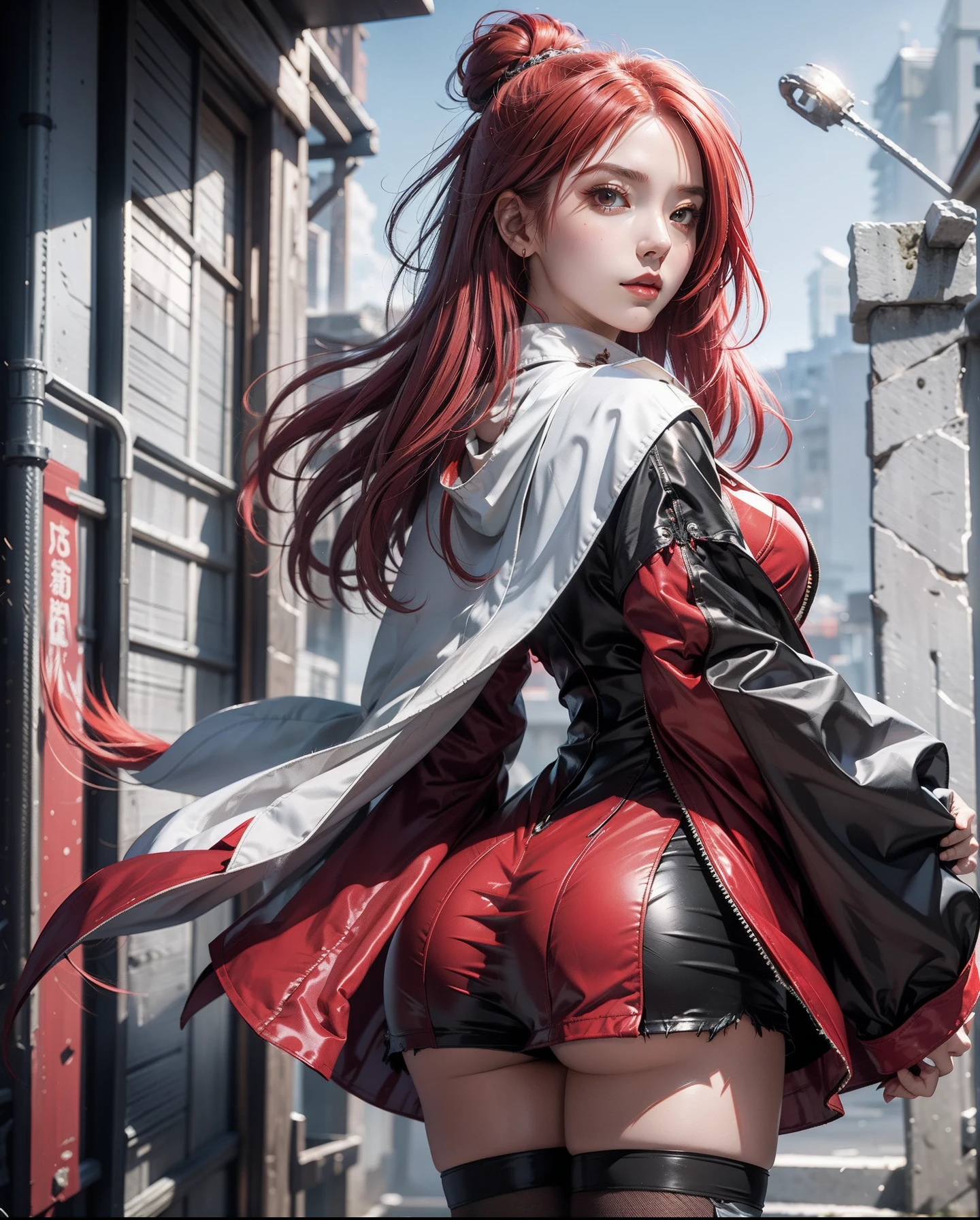 Upper body, 1girl in、mushoku tensei, eris grayrat, Red hair, Red Eyes, shairband, Capelet, coat, ((masutepiece)), very detailed illustration, highly detailed back ground, Hi-Res、high-heels、
