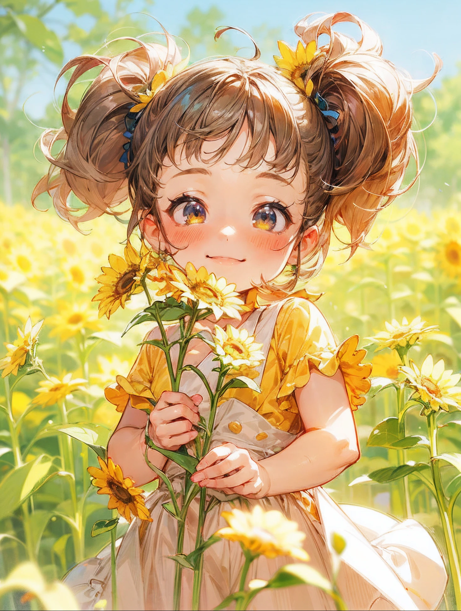 anime girl with a flower in her hand, beautiful sunflower anime girl, smiling ,cute,anime visual of a cute girl, cute anime girl, cute anime, young anime girl, anime picture, cute digital art, cute kawaii girl, cute detailed digital art, beautiful anime girl, cute art style, small  girl, anime wallaper, portrait of cute anime girl