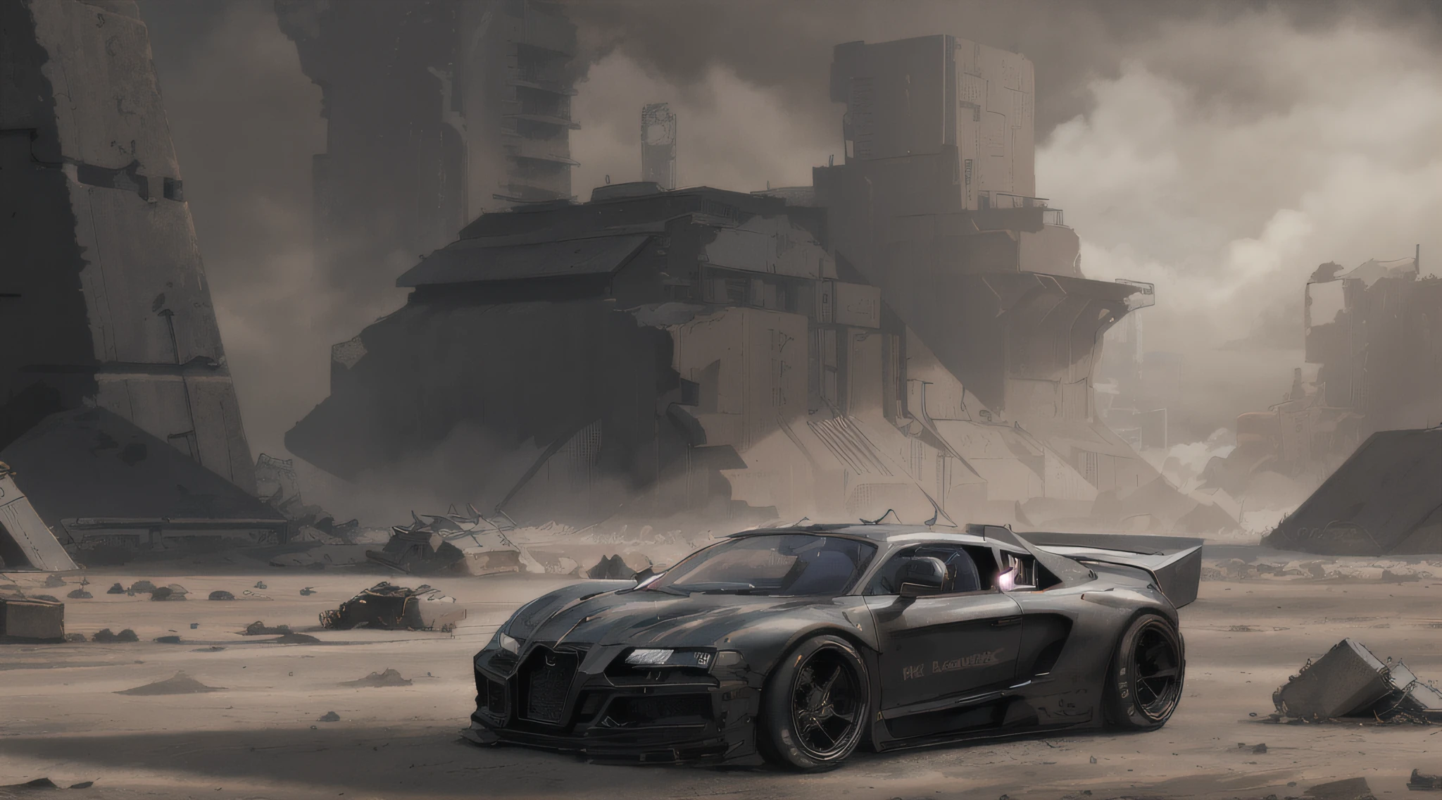 fking_scifi_v2, digital concept art of a matte black ((Bugatti:Veyron:1.5):0.65) car, Cyberpunk theme, orange armour plating, Intricate, High Detail, Sharp focus, huge drama, sinister dark skies, post apocalyptic landscape, red haze overlay, ominous, black destroyed futuristic buildings background, octane render, hazy and atmospheric, 4k