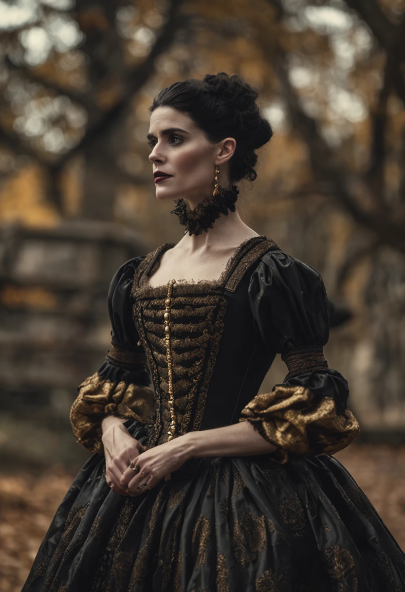 character Mary Sibley, salem, actor Janet Montgomery
strict dress
ruff
gothic style,
golden shoes
detailed face features,
ultra high quality model,
big neck collar
cinematic surrealist portrait,
Fujifilm GFX 16mm F4,
captivating hard,
cinematic shot,
warm black colors,
satisfying atmosphere,
captivating scene,
realist aspect,
impressive,
high (definition, resolution, detailed, uality photo), photorealistic,