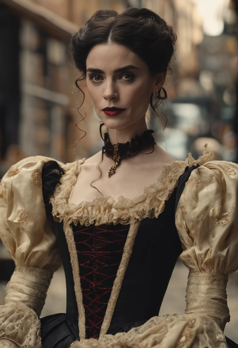 character Mary Sibley,  salem, actor Janet Montgomery
strict dress
ruff
gothic style, 
golden shoes

detailed face features, 
ultra high quality model,
big neck collar

cinematic surrealist portrait, 

Fujifilm GFX 16mm F4, 

captivating hard, 
cinematic shot, 
warm black colors, 
satisfying atmosphere, 
captivating scene, 
realist aspect, 
impressive, 

high (definition, resolution, detailed, uality photo), photorealistic,