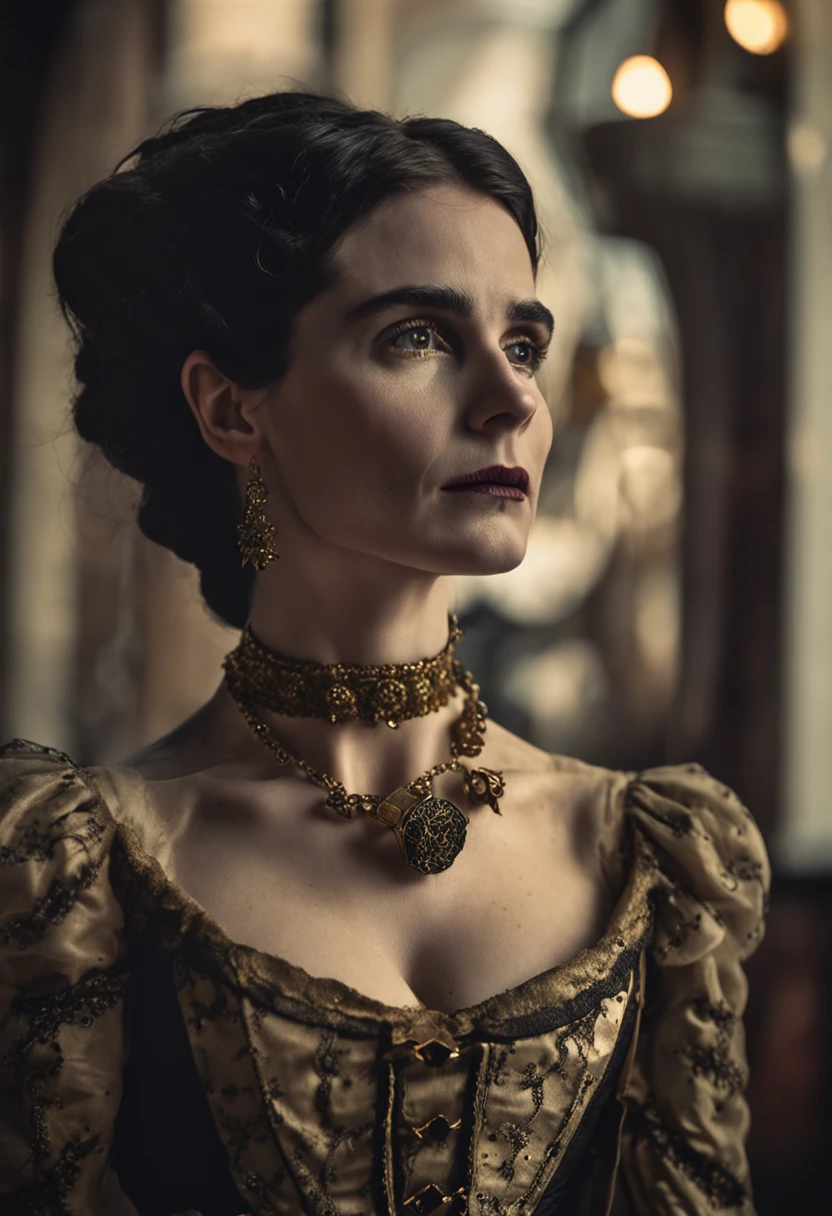 character Mary Sibley, salem, actor Janet Montgomery
strict dress
ruff
gothic style,
golden shoes
detailed face features,
ultra high quality model,
big neck collar
cinematic surrealist portrait,
Fujifilm GFX 16mm F4,
captivating hard,
cinematic shot,
warm black colors,
satisfying atmosphere,
captivating scene,
realist aspect,
impressive,
high (definition, resolution, detailed, uality photo), photorealistic,