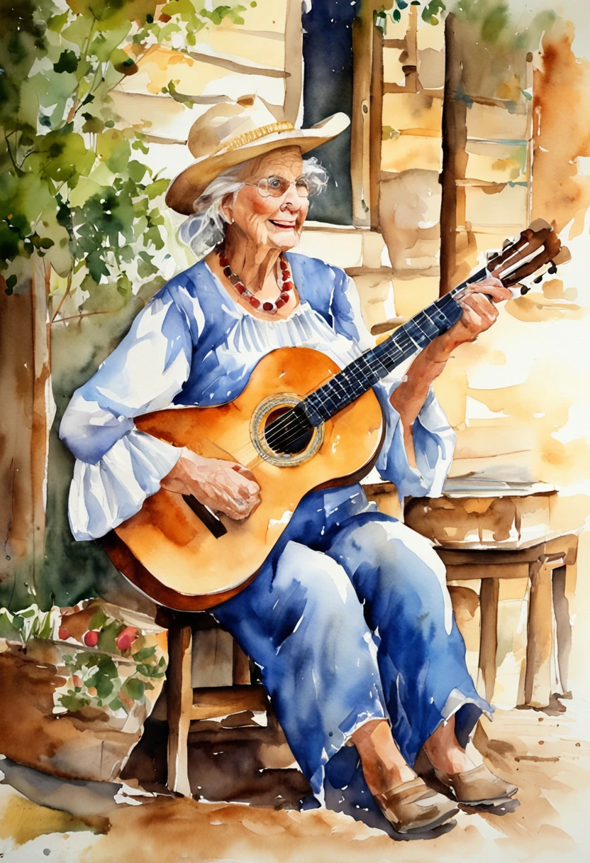 Old hillbilly lady playing guitar sitting on a wooden chair with white background