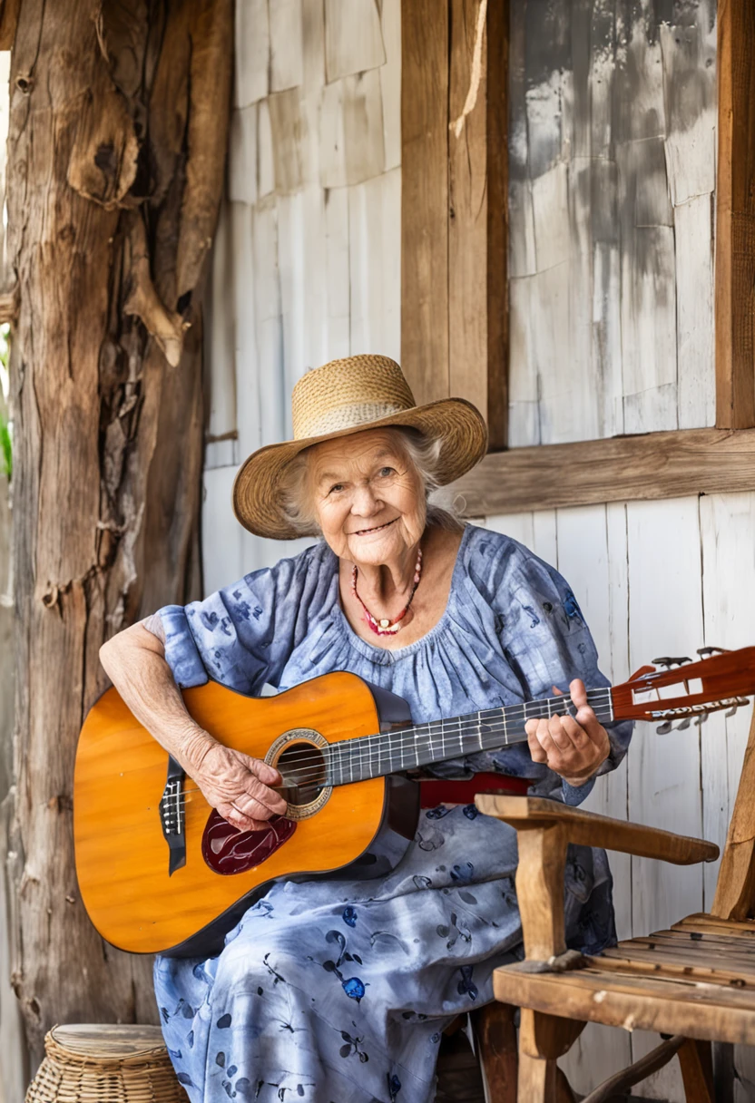 Old hillbilly lady playing guitar sitting on a wooden chair with white background