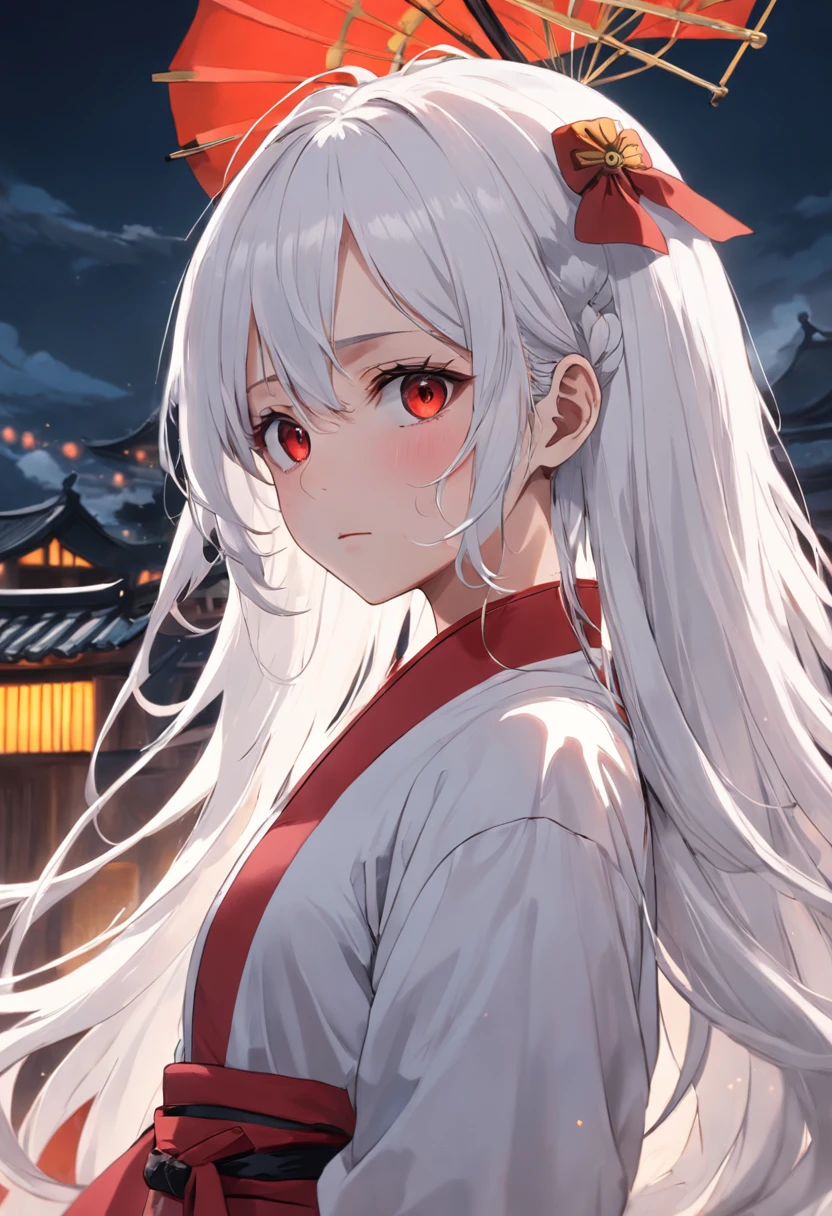 long white hair,Yellow pupil,Red clothes,black lence stockings,China-style,The expression is soft,Older sister,Clouds