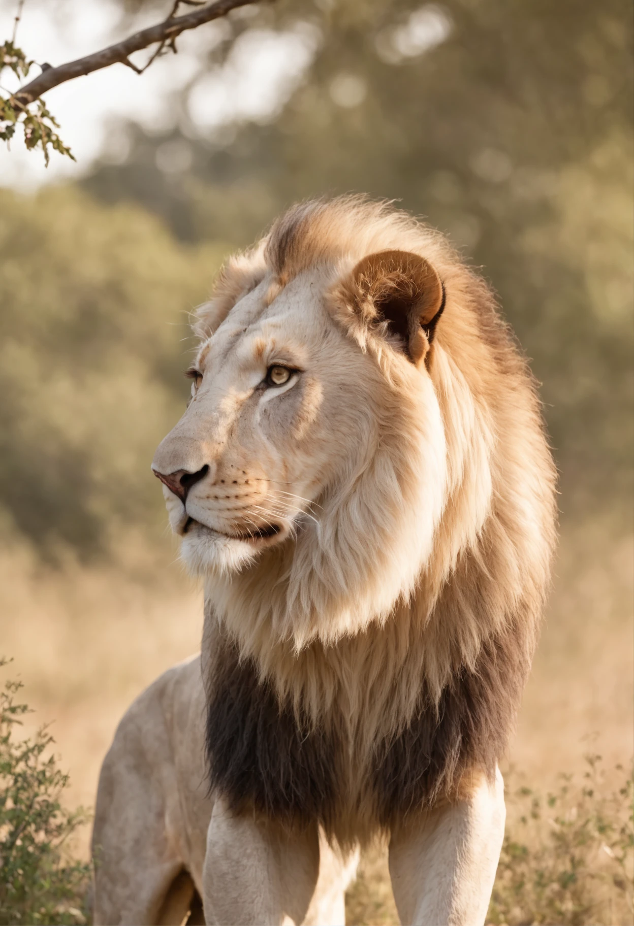 A majestic white lion, walking through the African savanna, under the setting sun, photographed with a Sony A7R IV, 24-70mm f/2.8 GM lens, at an aperture of f/2.8, a shutter speed of 1/250 s, and an ISO of 100