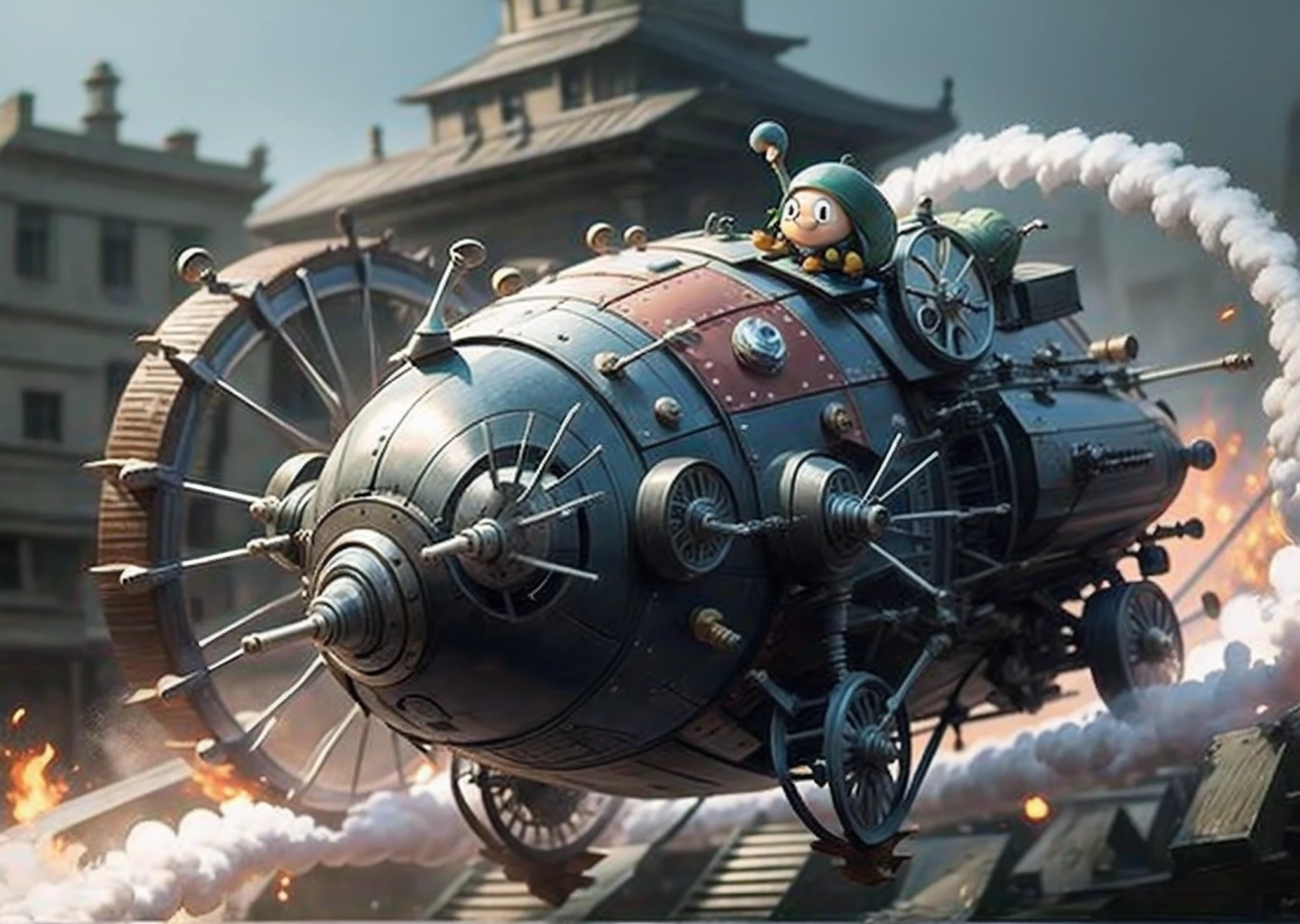 A very dynamic scene. Flying mechanical snail with many cannons. Close-up. Lots of details. Cartoon Disney, Pixar. Blurred background. Light haze. --auto --s2