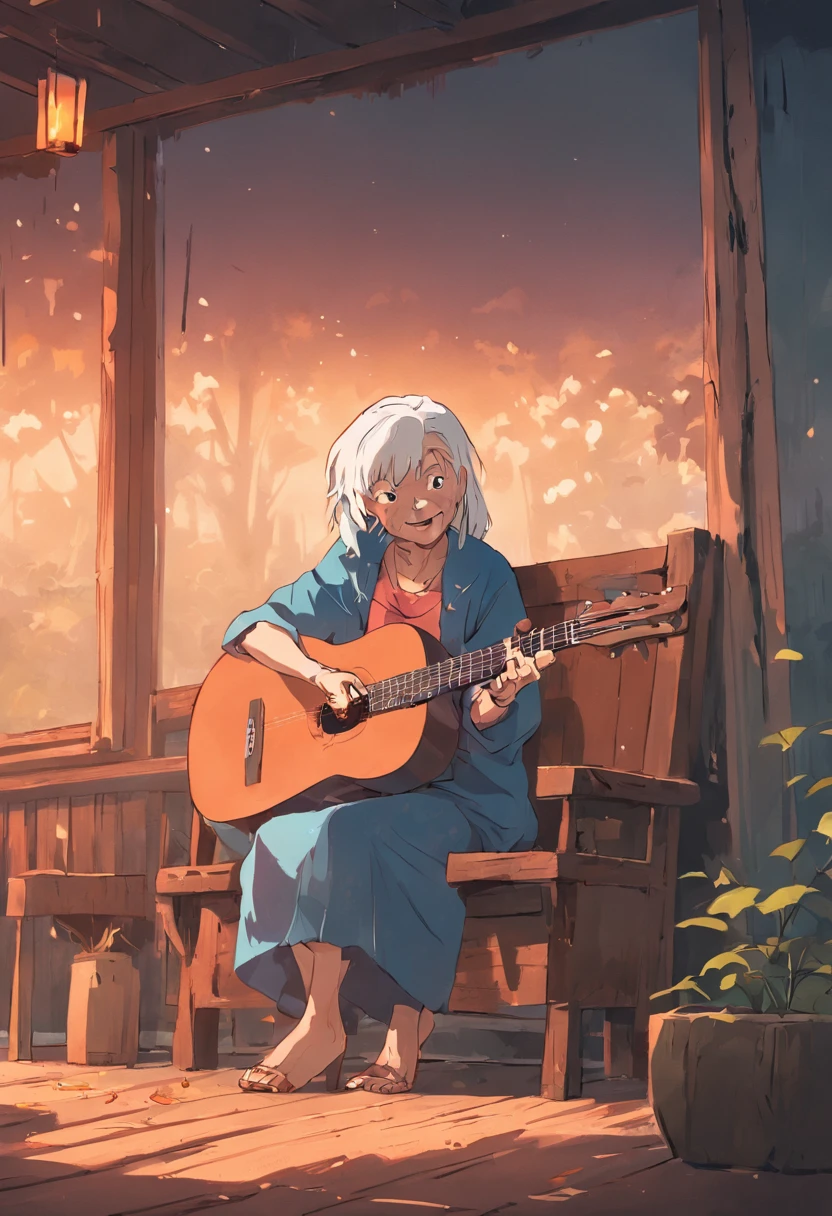 Old hillbilly lady playing guitar sitting on a wooden chair