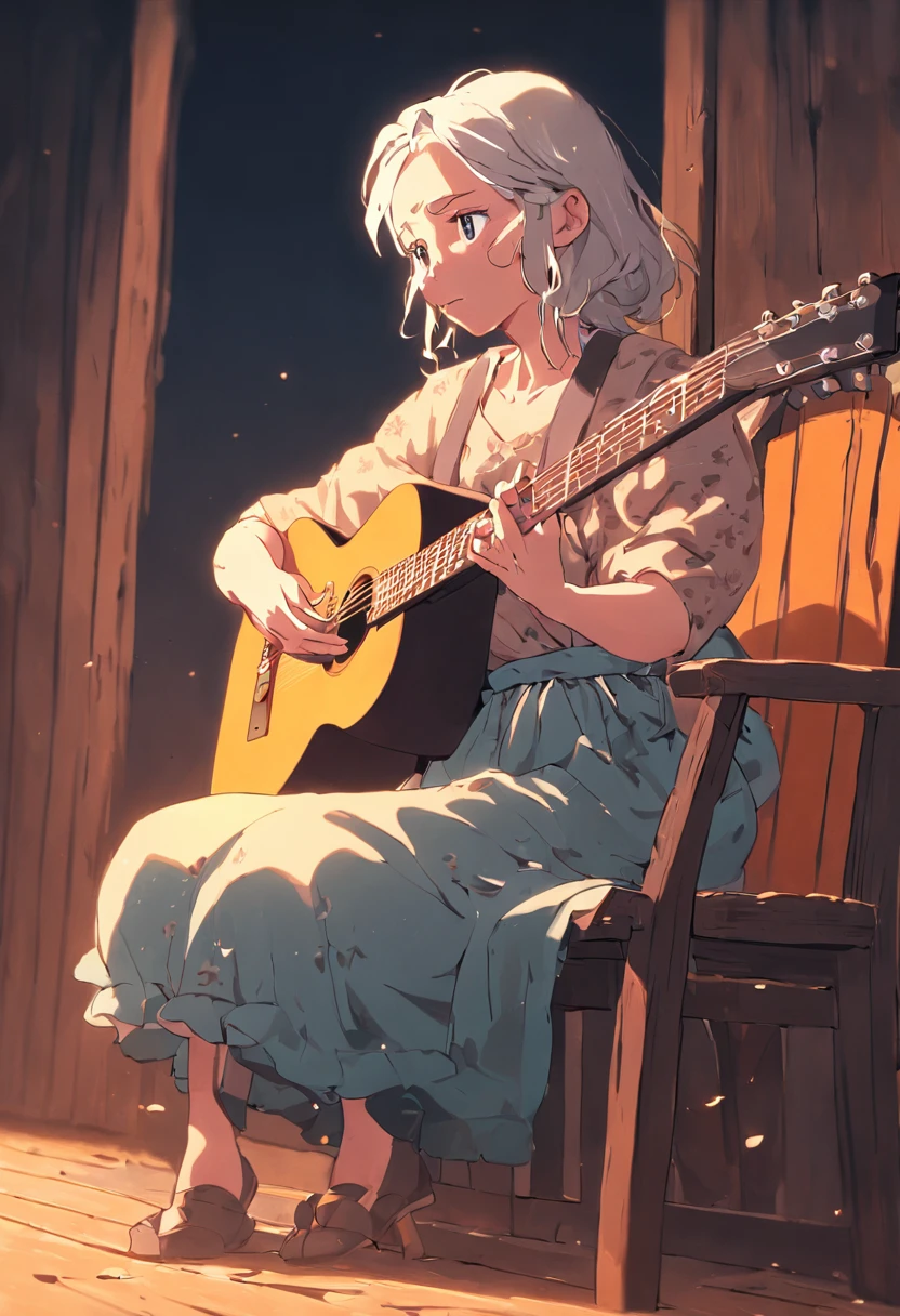 Old hillbilly lady playing guitar sitting on a wooden chair