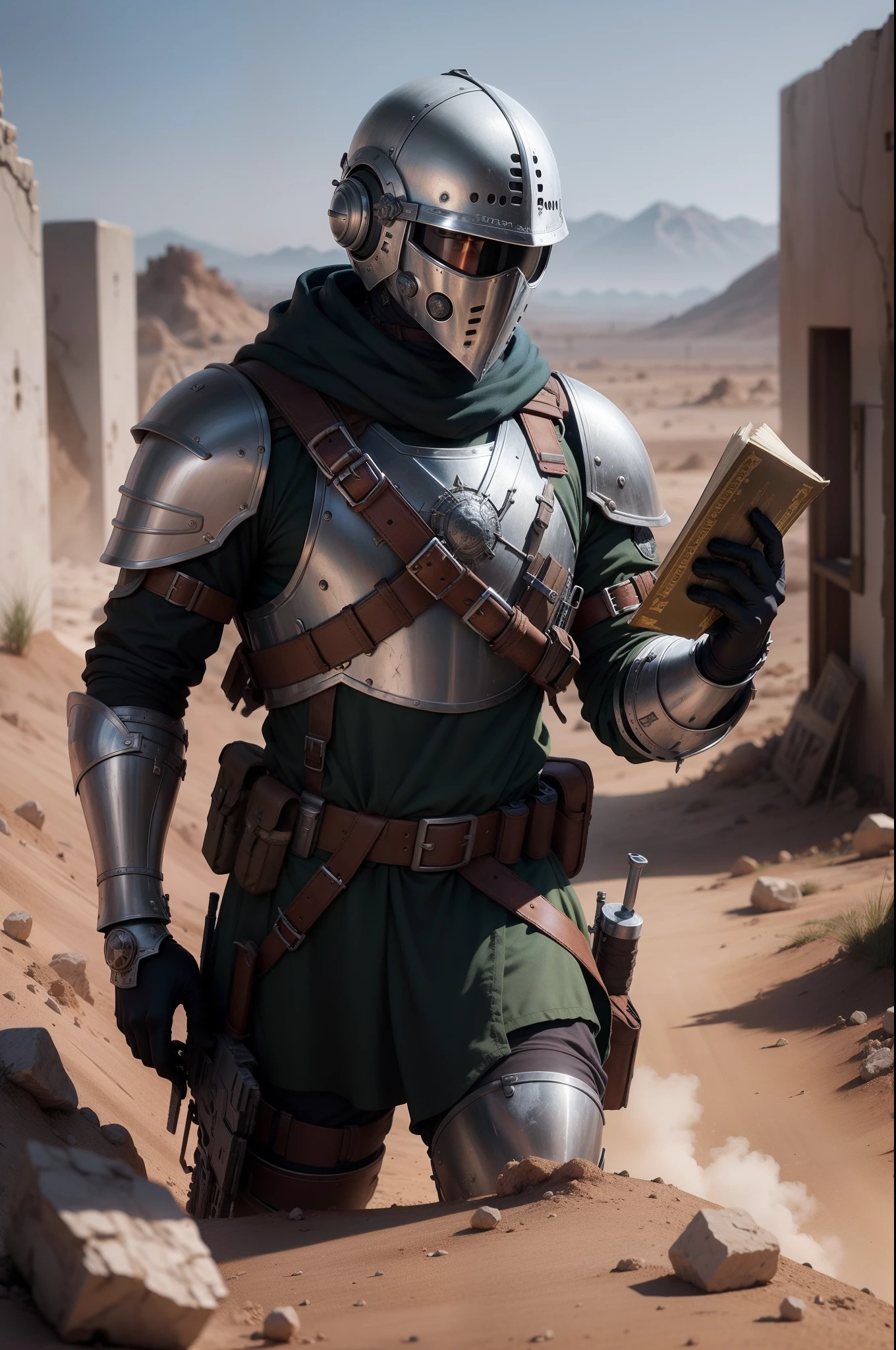imagem frente soldado com armadura super realista 8k, ,Apocalyptic place , pessoas pobres , priorizar detalhes, Bible in hand