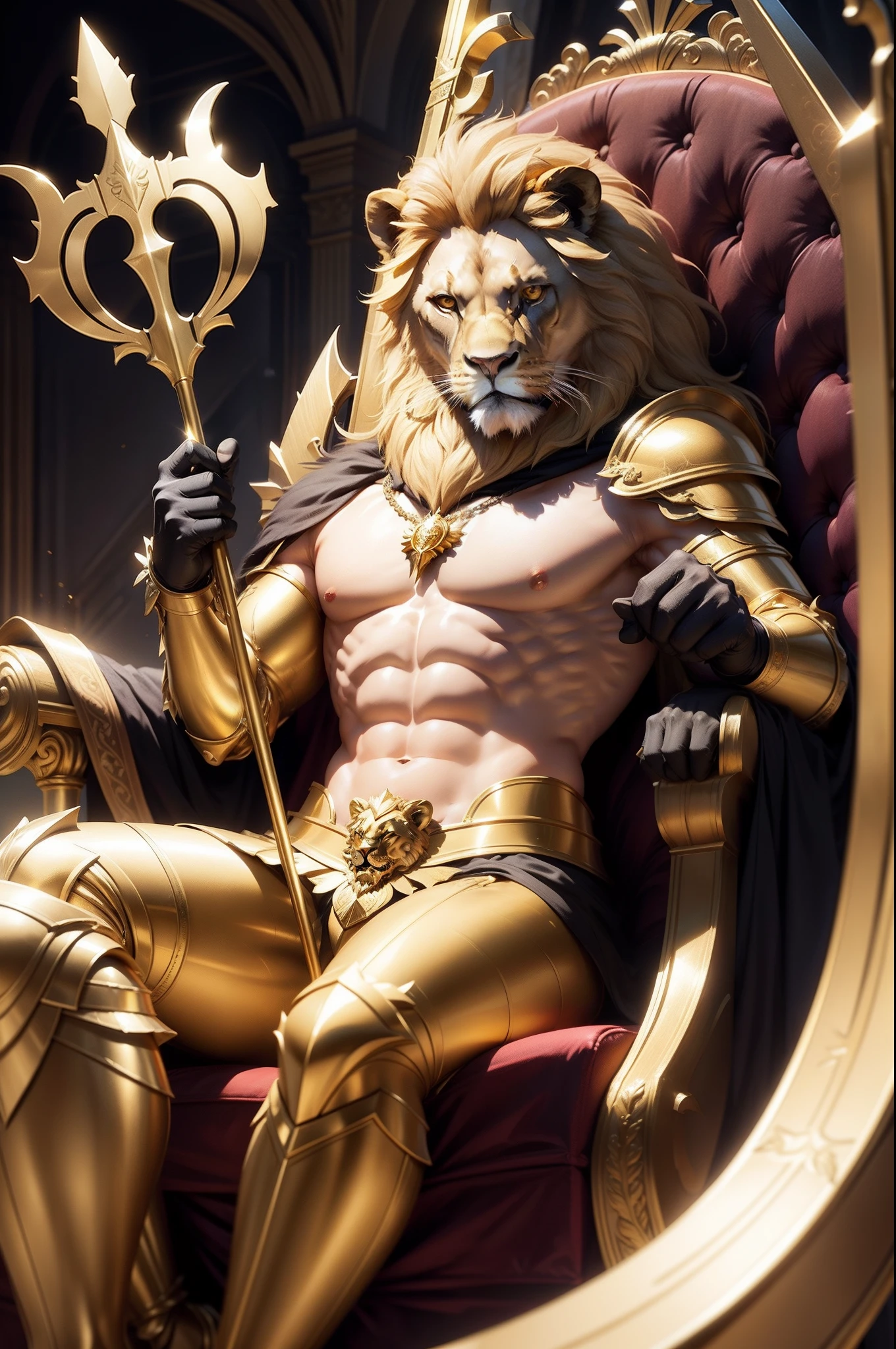 Make a pamphlet with a lion in golden armor holding a golden trident on a black and gold colored throne