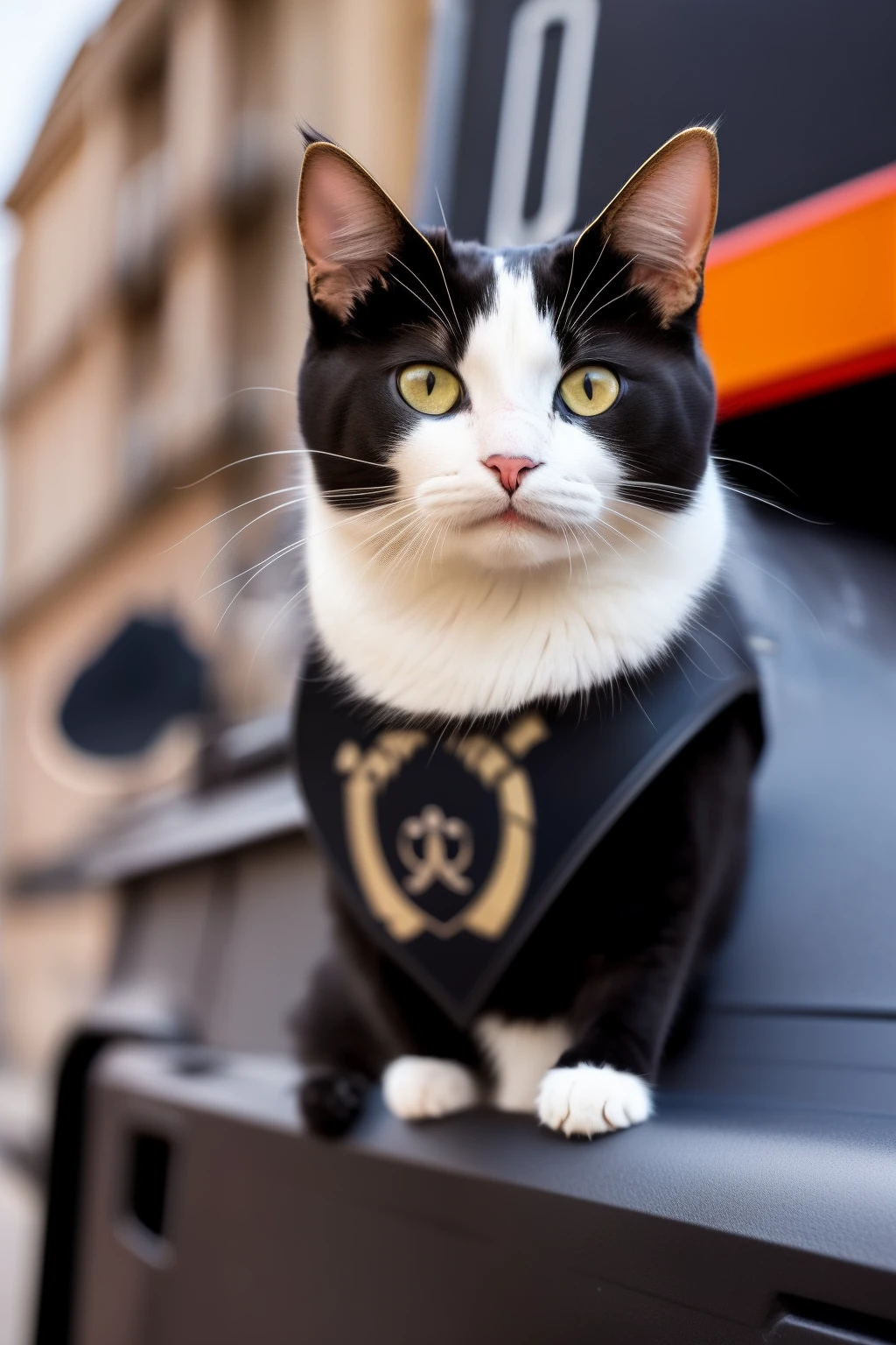 anthro cat, black SWAT outfit, detailed dark mascara, perfect skin, smiling, he is on the side of an Armored SWAT car, in a city, he is heavily armed with a rifle, rule of thirds, high quality background, ultra detailed scenery, ultra sharp focus, detailed dark mascara, perfect professional photo