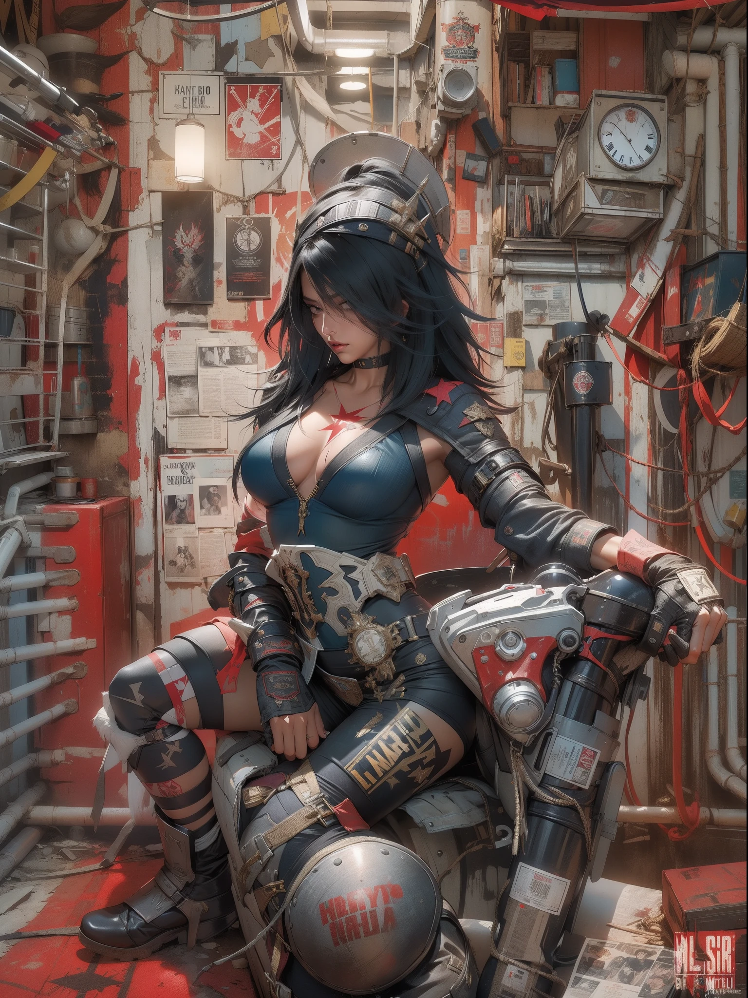 (((mulher))), (((melhor qualidade))), (((obra prima))), (((adulto))), (((1girl))), ((( corte de cabelo bob ))), Uma gladiadora cyberpunk mulher de 25 anos com corpo perfeito, shoulder pads with metal spines, Gladiadores do Brooklyn, (( corte de cabelo bob )), tiny leather panties, camiseta de time de rugby rasgada, quase nua no estilo selvagem urbano de Simon Bisley para a capa da revista Heavy Metal, Cabelo loiro curto, Minimum clothing, Metal protection on the left arm with intricate graphics, Dark red with white stars and white and navy blue checkerboard pattern, armadura, cheio de pontas e rebites, (((do joelho pra cima))), cabelos loiro branco curto, no fundo uma parede pintada por Shepard Fairey com um design intrincado