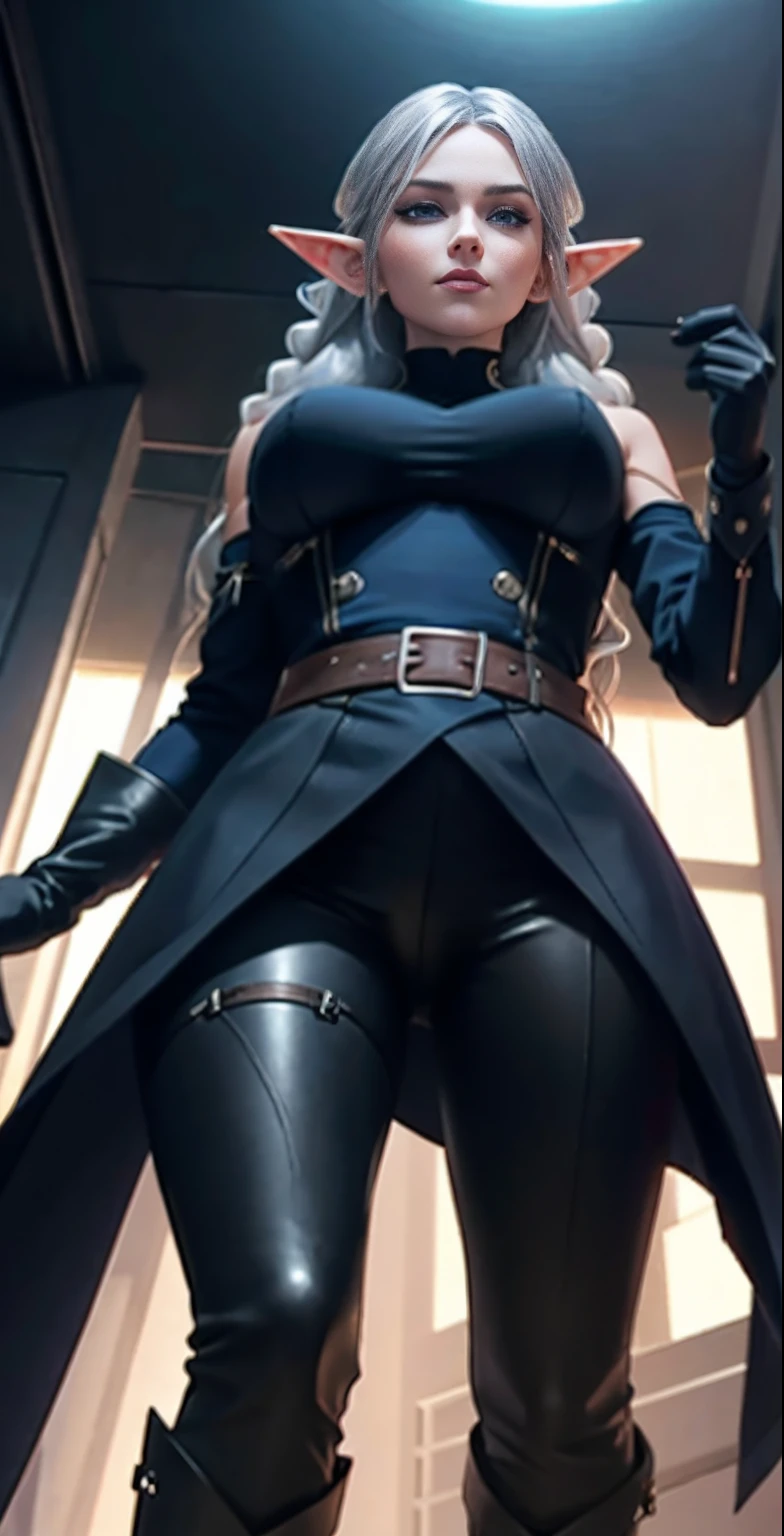 full body portrait of beautiful 1girl, solo, elf ((milf)), (very long) silver hair, tied in a knot, dark blue uniform, black knee-high simple riding leather boots, leggings, Anime style photo, Manga style, Digital art, glow effects, Hand drawn, render, 8k, octane render, cinema 4d, blender, dark, atmospheric 4k ultra detailed, cinematic sensual, Sharp focus, hyperrealistic, big depth of field, Masterpiece, colors, 3d octane render, 4k, concept art, trending on artstation, hyperrealistic, Vivid colors, huge breasts, palace corridor,( black gloves:1.1), double-breasted, (looking at viewer), (seductive:0.6),(smile:0.3)(evil:0.3), (from below:1.6), harness,