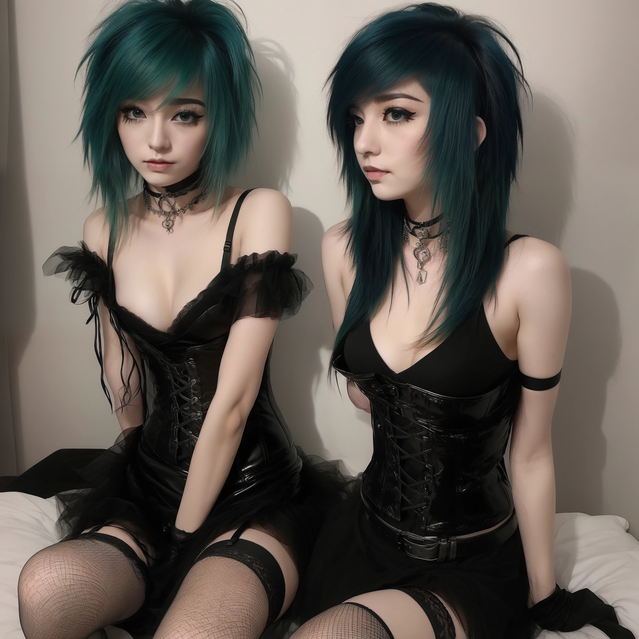 masterpiece, best quality, ultra realistic, ultra detailed, photo realistic,
((2girl)), beautiful girl, 18 years old, young, petite, flat chest, (black dress), choker, fingerless gloves, fishnets, corset, garter belt,
, porcelain skin, (poofy hair), green blue hair, emo makeup, eyeliner, shy,
(mesy emo bedroom), stocking, armpit, full body, big boobs, tattoo