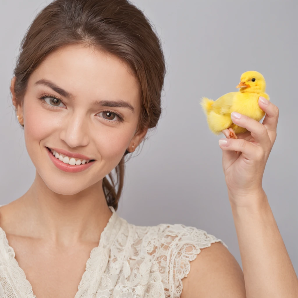 Por favor, crie uma imagem que retrate uma cena dentro de um quarto bem iluminado, where a young woman of 20 years is gently holding a small yellow chick in her hand. His expression is one of extreme happiness and surprise, with his mouth open and his hands on his face in a gesture of joyful shock. His eyes are wide with surprise and happiness, conveying an expressive expression of pleasant shock. The image should be of ultra-high quality (8k) para capturar todos os detalhes e ser uma verdadeira obra-prima (1.2 of artistic quality). The representation should be realistic and photo-realistic (1.37) para dar vida aos elementos, enfatizando o tamanho pequeno e a cor amarela vibrante do pintinho. I want the image to be ultra-detailed to highlight each feature.
Na cena, The young woman will be standing in the room, with his mouth sharply open and his expression of joyful shock being the central focus. The soft and diffuse lighting in the room will enhance both the woman and the chick. I would like the atmosphere to convey a sense of happy and contagious surprise.
The depiction of the young woman will be realistic, with detailed facial features that convey your joy and surprise. Your eyes will be shining with happiness, and your smile will be genuine and contagious as you hold the little chick. She will wear comfortable clothes suitable for the home environment. Your hair will be short and stylized in a subtle way. The representation of the young woman will be full-body, emphasizing every detail in a natural and artistic way