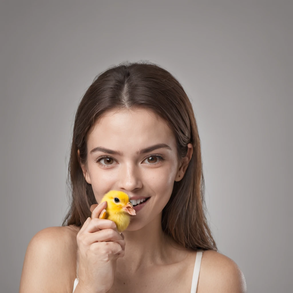 Por favor, crie uma imagem que retrate uma cena dentro de um quarto bem iluminado, where a young woman of 20 years is gently holding a small yellow chick in her hand. His expression is one of extreme happiness and surprise, with his mouth open and his hands on his face in a gesture of joyful shock. His eyes are wide with surprise and happiness, conveying an expressive expression of pleasant shock. The image should be of ultra-high quality (8k) para capturar todos os detalhes e ser uma verdadeira obra-prima (1.2 of artistic quality). The representation should be realistic and photo-realistic (1.37) para dar vida aos elementos, enfatizando o tamanho pequeno e a cor amarela vibrante do pintinho. I want the image to be ultra-detailed to highlight each feature.

Na cena, The young woman will be standing in the room, with his mouth sharply open and his expression of joyful shock being the central focus. The soft and diffuse lighting in the room will enhance both the woman and the chick. I would like the atmosphere to convey a sense of happy and contagious surprise.

The depiction of the young woman will be realistic, with detailed facial features that convey your joy and surprise. Your eyes will be shining with happiness, and your smile will be genuine and contagious as you hold the little chick. She will wear comfortable clothes suitable for the home environment. Your hair will be short and stylized in a subtle way. The representation of the young woman will be full-body, emphasizing every detail in a natural and artistic way