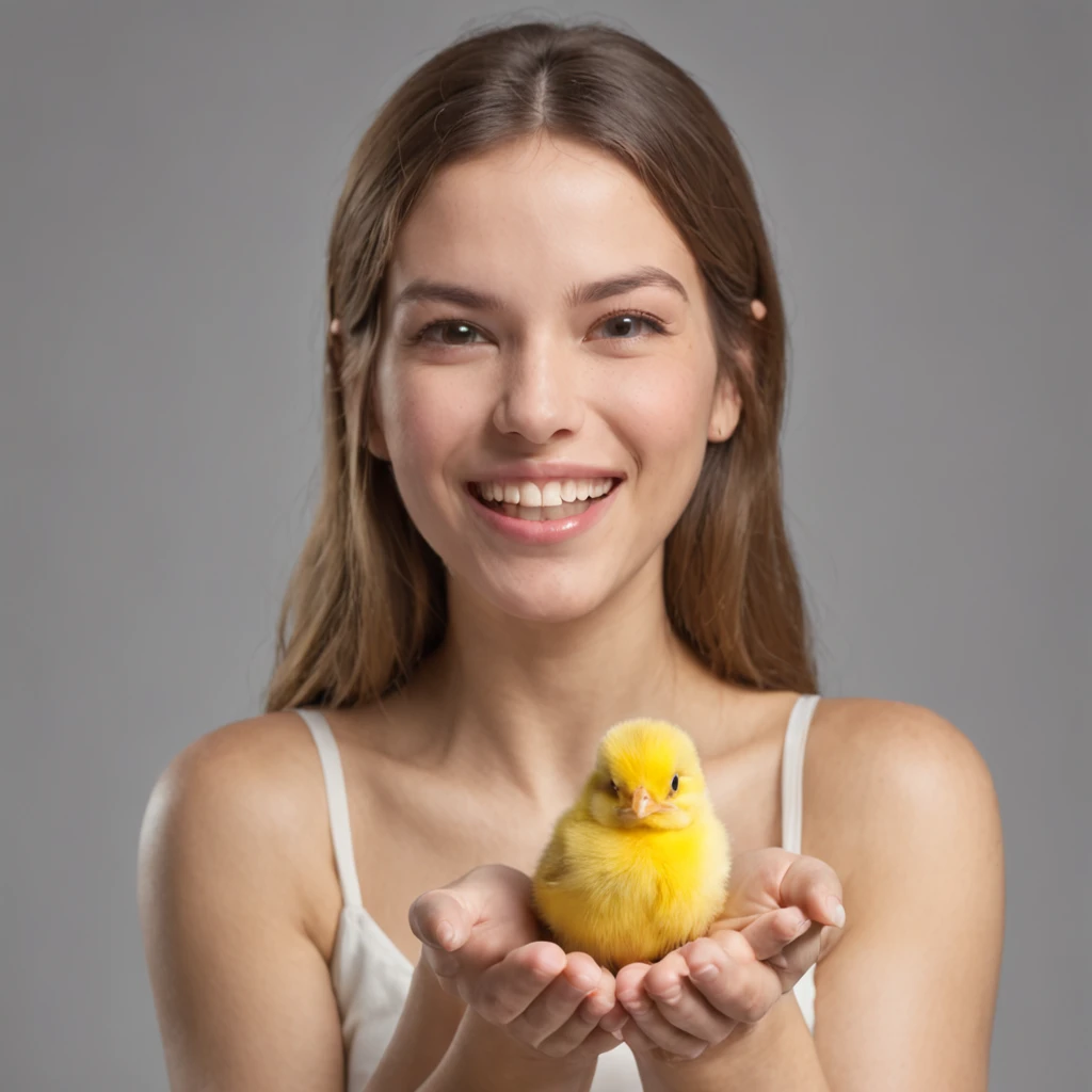 Por favor, crie uma imagem que retrate uma cena dentro de um quarto bem iluminado, where a young woman of 20 years is gently holding a small yellow chick in her hand. His expression is one of extreme happiness and surprise, with his mouth open and his hands on his face in a gesture of joyful shock. His eyes are wide with surprise and happiness, conveying an expressive expression of pleasant shock. The image should be of ultra-high quality (8k) para capturar todos os detalhes e ser uma verdadeira obra-prima (1.2 of artistic quality). The representation should be realistic and photo-realistic (1.37) para dar vida aos elementos, enfatizando o tamanho pequeno e a cor amarela vibrante do pintinho. I want the image to be ultra-detailed to highlight each feature.

Na cena, The young woman will be standing in the room, with his mouth sharply open and his expression of joyful shock being the central focus. The soft and diffuse lighting in the room will enhance both the woman and the chick. I would like the atmosphere to convey a sense of happy and contagious surprise.

The depiction of the young woman will be realistic, with detailed facial features that convey your joy and surprise. Your eyes will be shining with happiness, and your smile will be genuine and contagious as you hold the little chick. She will wear comfortable clothes suitable for the home environment. Your hair will be short and stylized in a subtle way. The representation of the young woman will be full-body, emphasizing every detail in a natural and artistic way