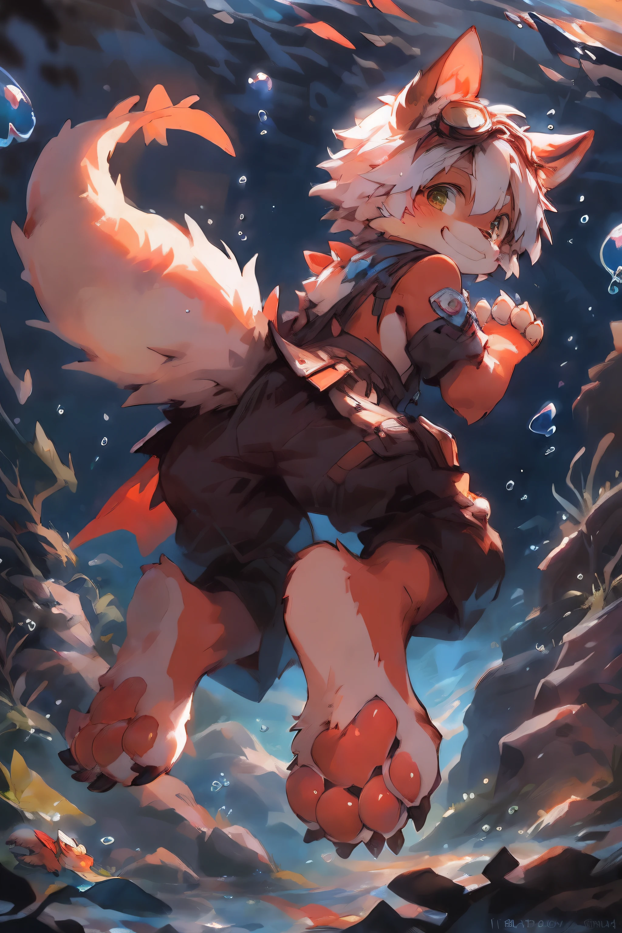 (((Looking back,Fake smile))), ((( \(parfect anatomy\)))),, Strong, (from back), ((Show your paws,Foot focus,clawed paws)), ((Underwater, Bubble, airbubble,The fish)), Tail, Old, barbel, fluffy mane, komono, Yupa, Kiyosan, Red body, White hair, (by Kenket), (by Pino Daeni)by Pino Daeni, canyne khai, milkytiger1145, Dagasi, Yupa, Tik ,protective goggles, (upside down),