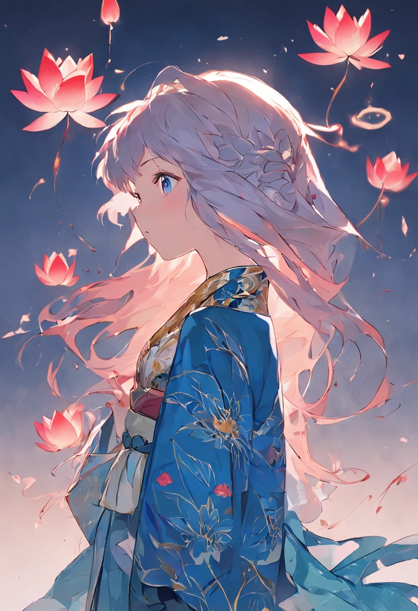 blue lotus flower pattern white background, girl facing sideway, red long hair, nilou genshin impact