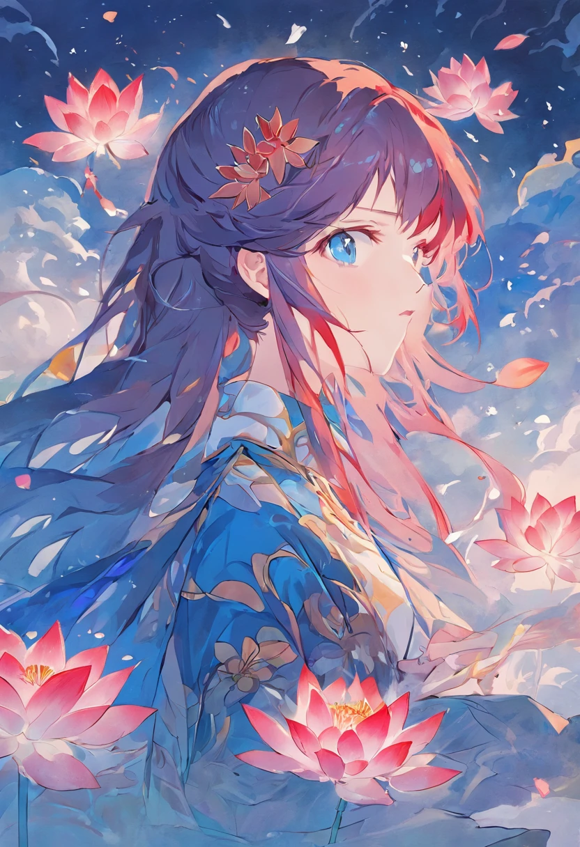 blue lotus flower pattern white background, girl facing sideway, red long hair, nilou genshin impact