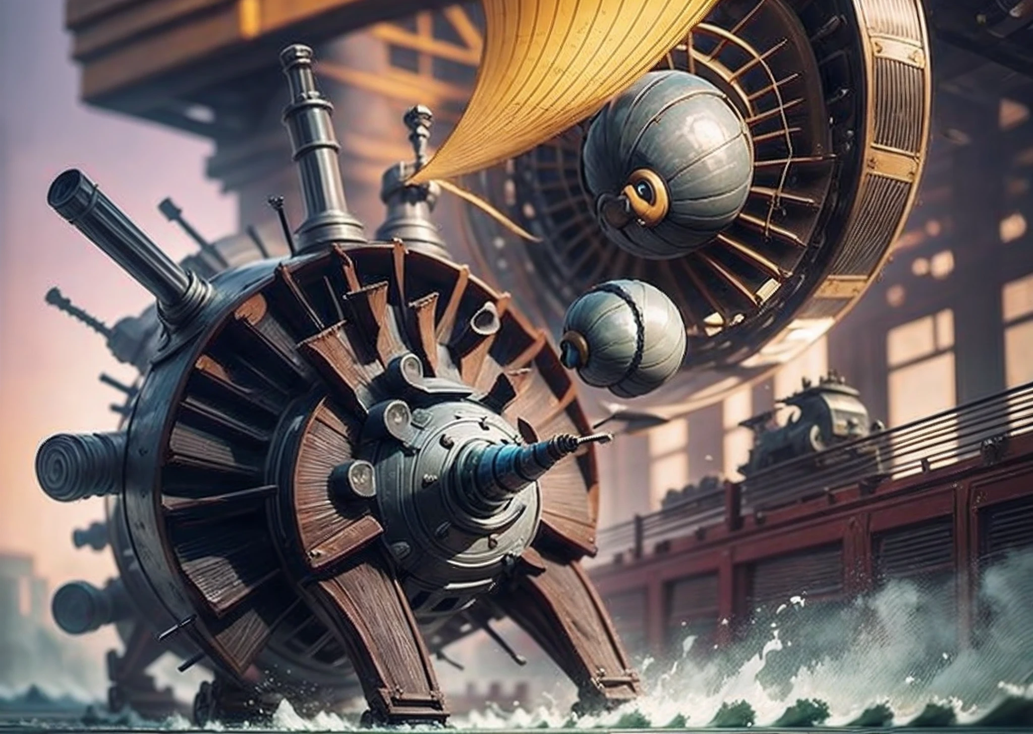 A very dynamic scene. Flying mechanical snail with many cannons. Close-up. Lots of details. Cartoon Disney, Pixar. Blurred background. Light haze. --auto --s2