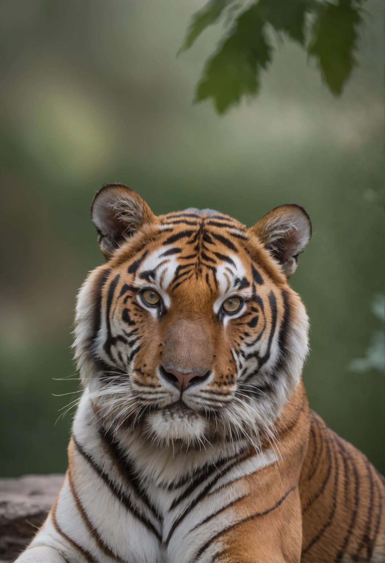 An elegant Bengal tiger, posing in a natural setting, photographed with a Leica M10-R, 50mm f/1.2 Summilux-M ASPH lens, at an aperture of f/1.2, a shutter speed of 1/2000 s, and an ISO of 400.