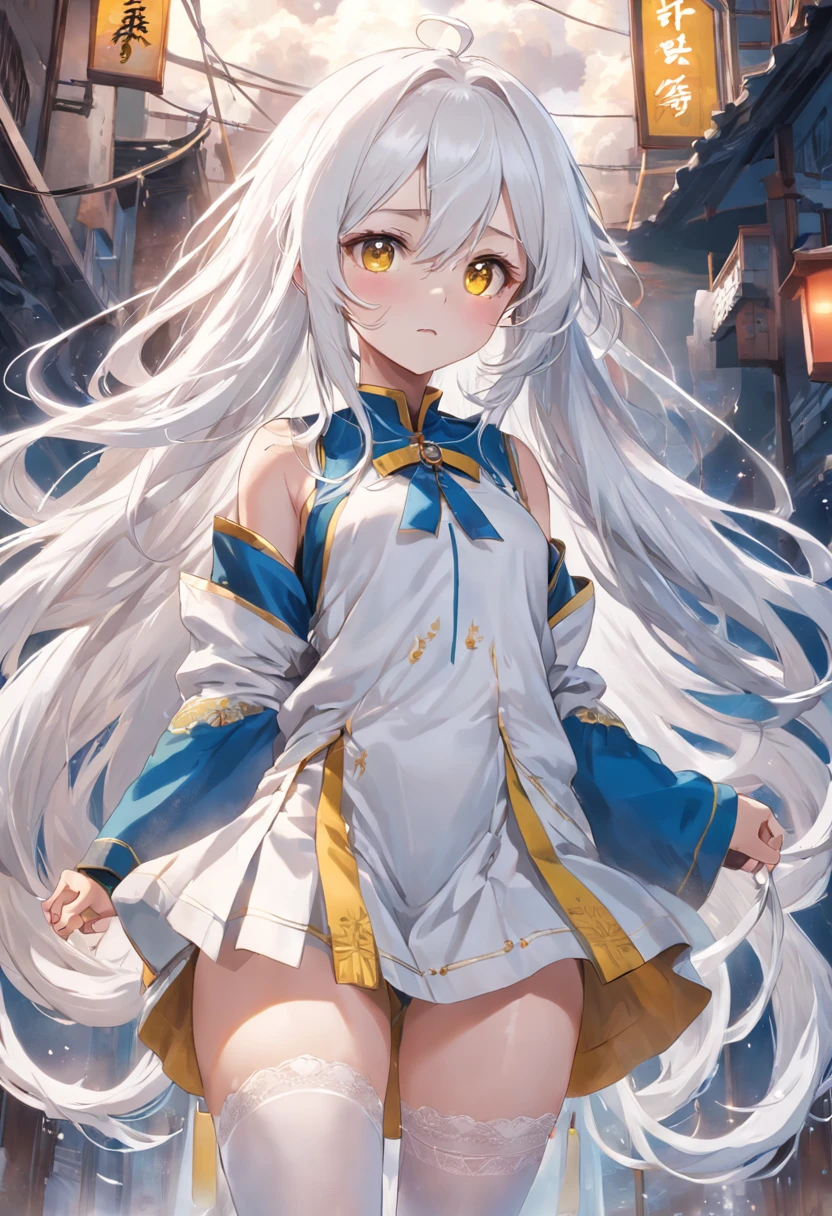 long  white hair，Yellow pupil，Blue clothes，white stockings，China-style，divino，The expression is soft，Mature sister，Clouds