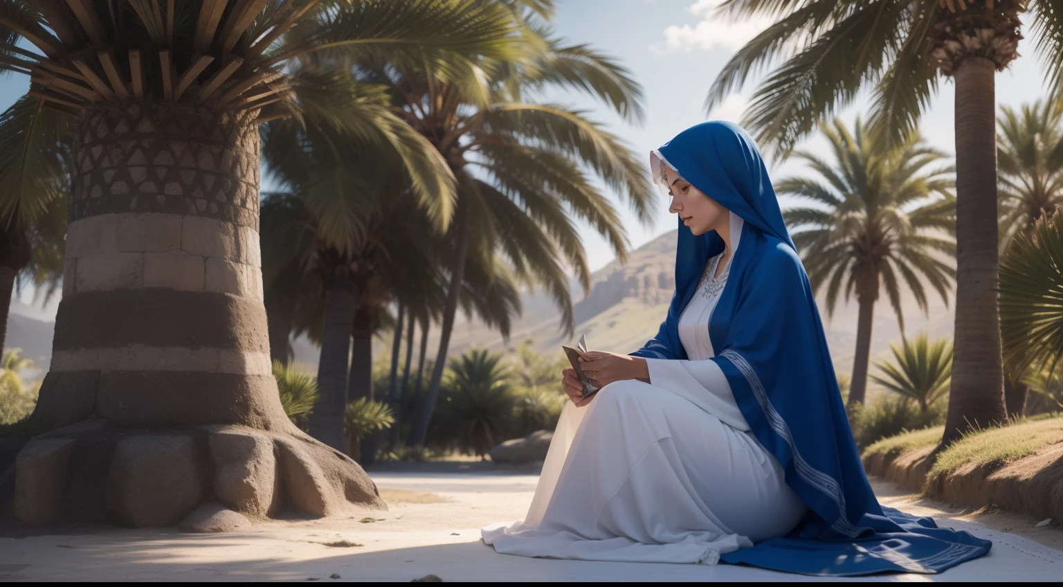 Generate an image that depicts the scene of Deborah sitting under the palm tree, as described in Judges 4:5. Detalhe sua vestimenta, respecting the context of the time. She must wear costumes typical of the culture of that time, like a long cloak and a modest veil. The surrounding scenery should reflect the mountainous region of Ephraim, com a palmeira oferecendo sombra generosa. As montanhas e colinas distantes devem completar o plano de fundo, creating a tranquil and secluded environment where Deborah hears the stories and issues of the people of Israel in the soft sunlight. Transmita a serenidade do momento, highlighting the importance of the tree as a place of wisdom and discernment.