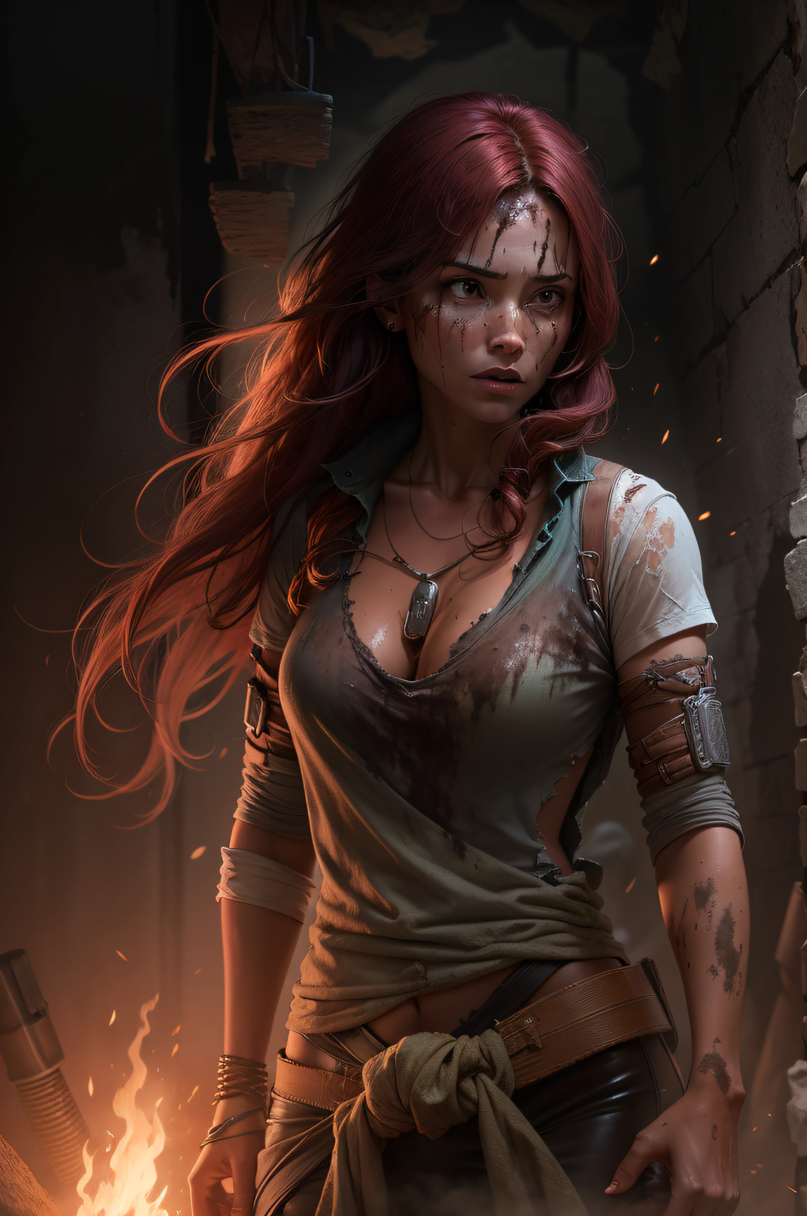 A female tomb raider with long red hair and slightly shiny tanned skin dressed only in a loose open dripping white loincloth, with a very ripped and torn blouse with a plunging neckline, pushed down over her right shoulder, stands in a dark room-lit with flickering torches on the inside of a large very old mysterious underground Mayan temple. Her skin and clothes are dirty with mud. A large dark menacing shadow moves in the background.