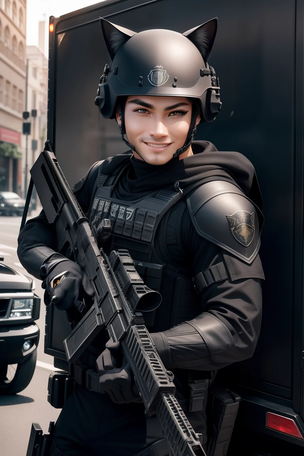 anthro cat, black SWAT outfit, detailed dark mascara, perfect skin, smiling, he is on the side of an Armored SWAT car, in a city, he is heavily armed with a rifle, rule of thirds, high quality background, ultra detailed scenery, ultra sharp focus, detailed dark mascara, perfect professional photo