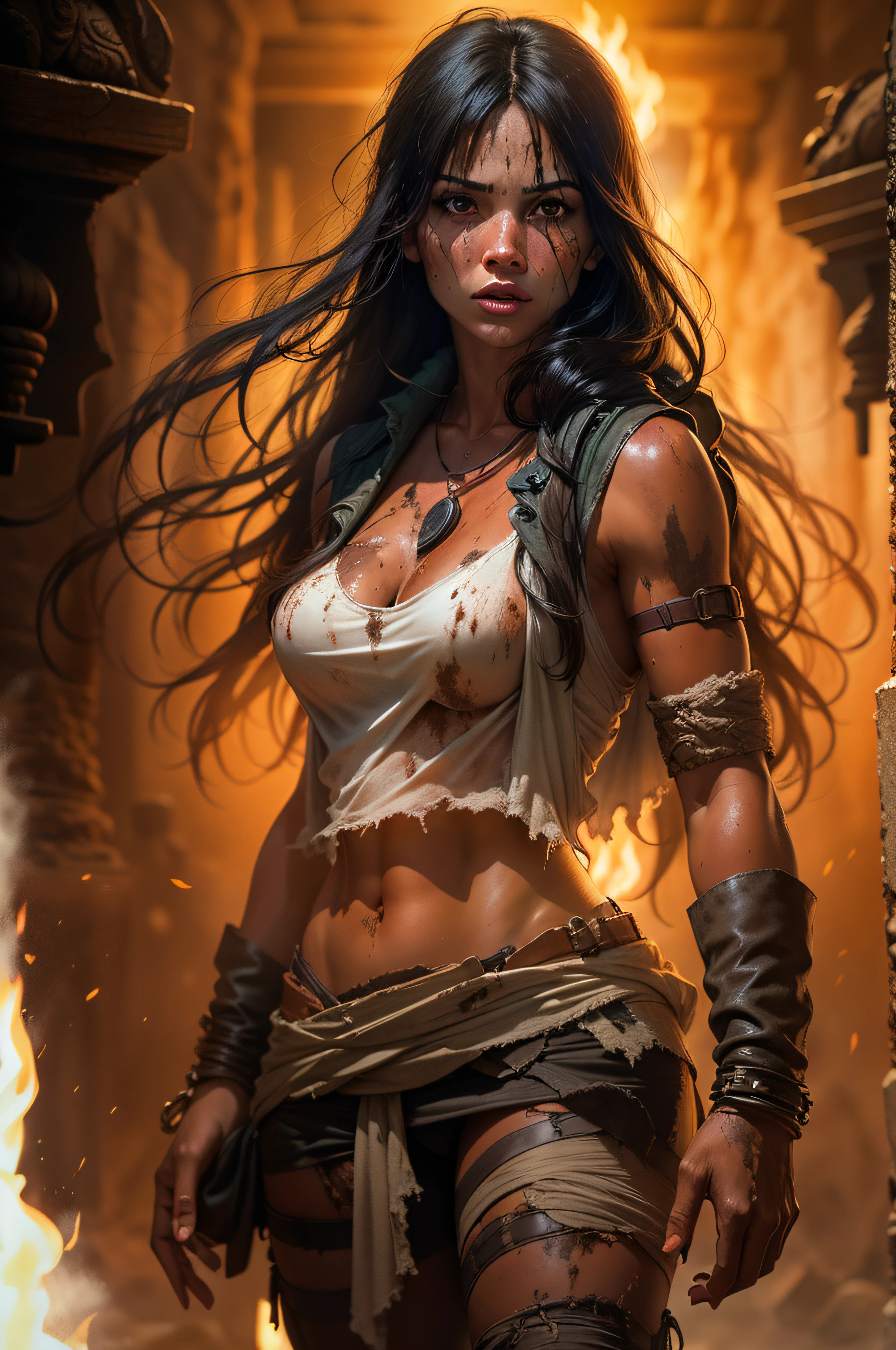 A female tomb raider with long black hair and slightly shiny brown skin dressed only in a loose open dripping white loincloth, with a very ripped and torn blouse with a plunging neckline, pushed down over her right shoulder, stands in a dark room-lit with flickering torches on the inside of a large very old mysterious underground Mayan temple. Her skin and clothes are dirty with mud. A large dark menacing shadow moves in the background.