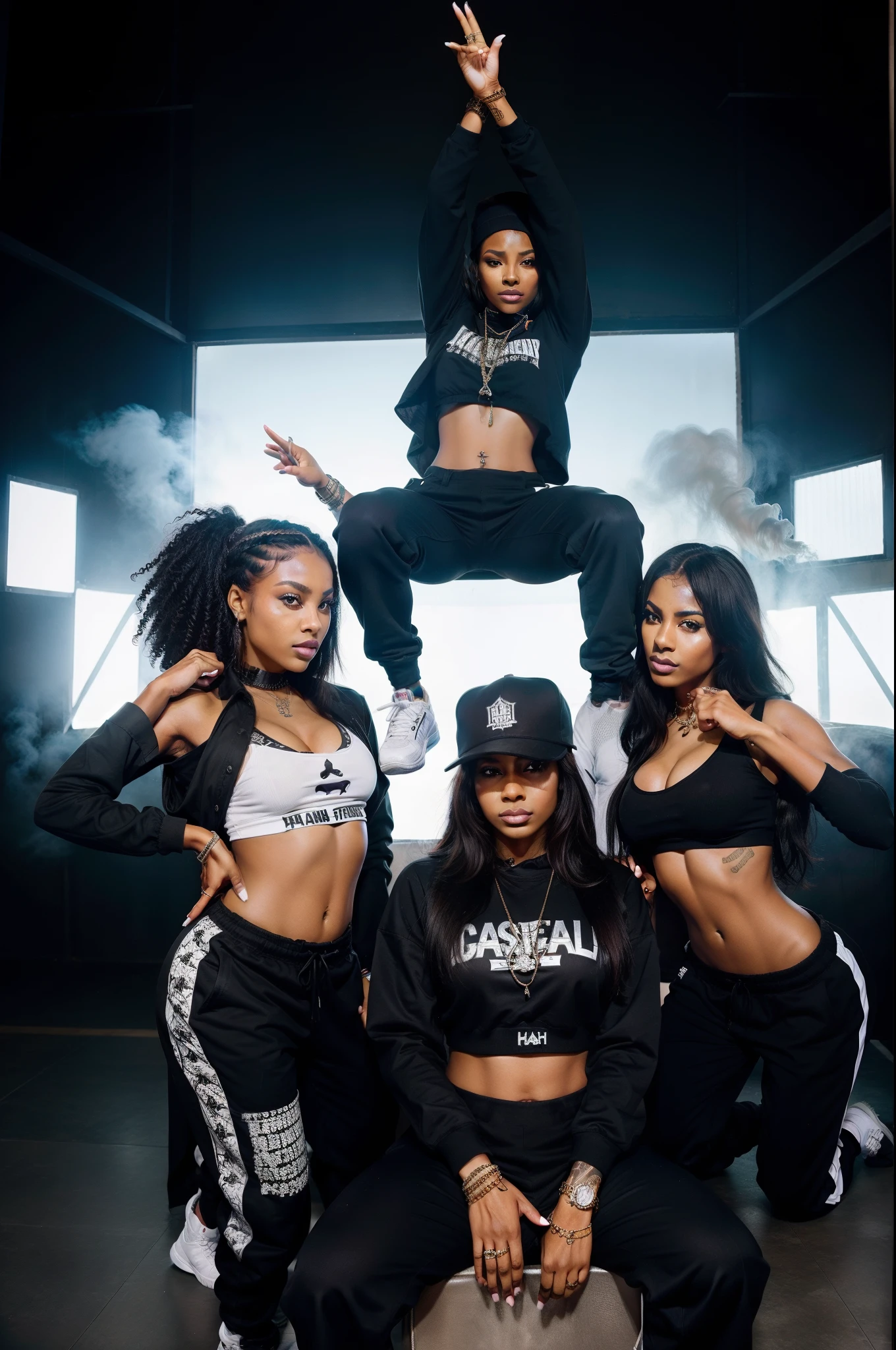 very mysterious hideen identities female hip hop crew huddle very close prasing worshipping obeying their leader gangsta energetic lively hip hop stance, on a throne impossible badass choreography gang signs large smoke screen