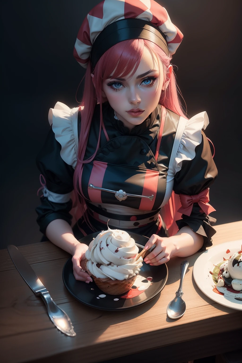 a beautifull woman hungry eating cake excited with manners elegantly masterpiece, best quality:1.2),,(8k,highres,RAW photo,realistic,photo-realistic:1.3),(detailed skin texture,detailed cloth texture,beautiful detailed face:1.25),professional lighting,photon mapping,beautiful soft light,radiosity,physically-based rendering,raytracing, model shoot style, model shoot style, (extremely detailed CG unity 8k wallpaper), full shot body photo of the most beautiful artwork in the world, (((nsfw))), nipples under clothes
