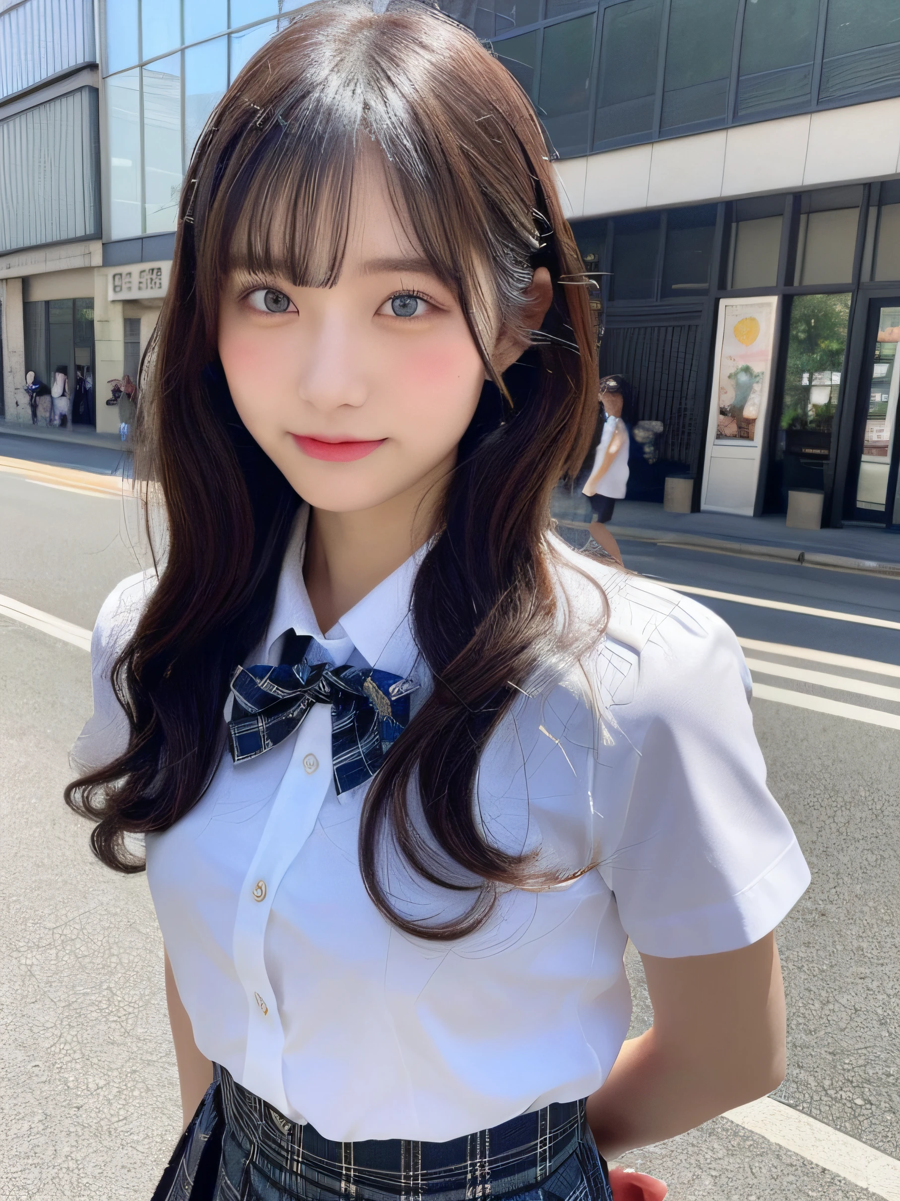 (masterpiece、highest quality、ultra high resolution、8K)、1 beautiful 、Beautiful adult face、(Perfect composition where the girl fits neatly into the frame:1.1)、thin waist、naive girl、perfect anatomy、wavy hair、(Big breasts that are about to burst:1.1)、emphasize the bust line、(High school shirt、navy pleated skirt、Uniform ribbon that fits perfectly on the chest)、Brown glittery hair、valley in the forest、A beautiful river in a mysterious forest、The most fun way to play on the river、(The most transparent and beautiful river water:1.1)、waterfall in the background、Surrounded by the most magnificent nature、Mysteries of Nature、the most detailed and beautiful river、color of youth、feelings of love、(skin that shines in the light:1.1)、(Super high definition beautiful white skin:1.1)、A shy smile looked at me、The happiest smile you see on me、very bright and refreshing、cool summer atmosphere、Refreshing summer、Are standing、In a fantastic forest、(Moody and romantic portrait photography:1.2)、the happiest sacred forest tree々Sunlight shining in from between、Crystal clear spring water、beautiful water、Springs and rivers、Photo above the waist、(skin that shines in the light:1.2)、(Brightly lit face:1.1)