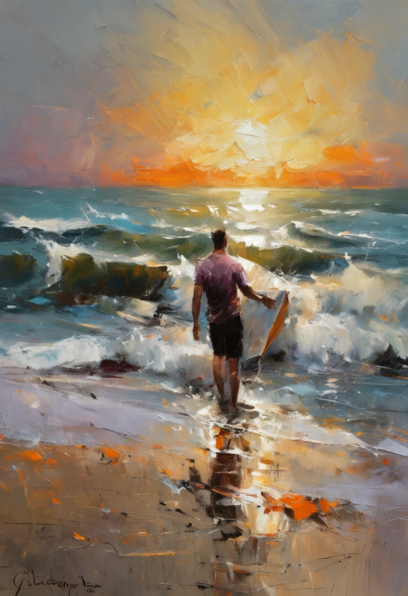 Painting of a man walking on the beach with a surfboard - SeaArt AI