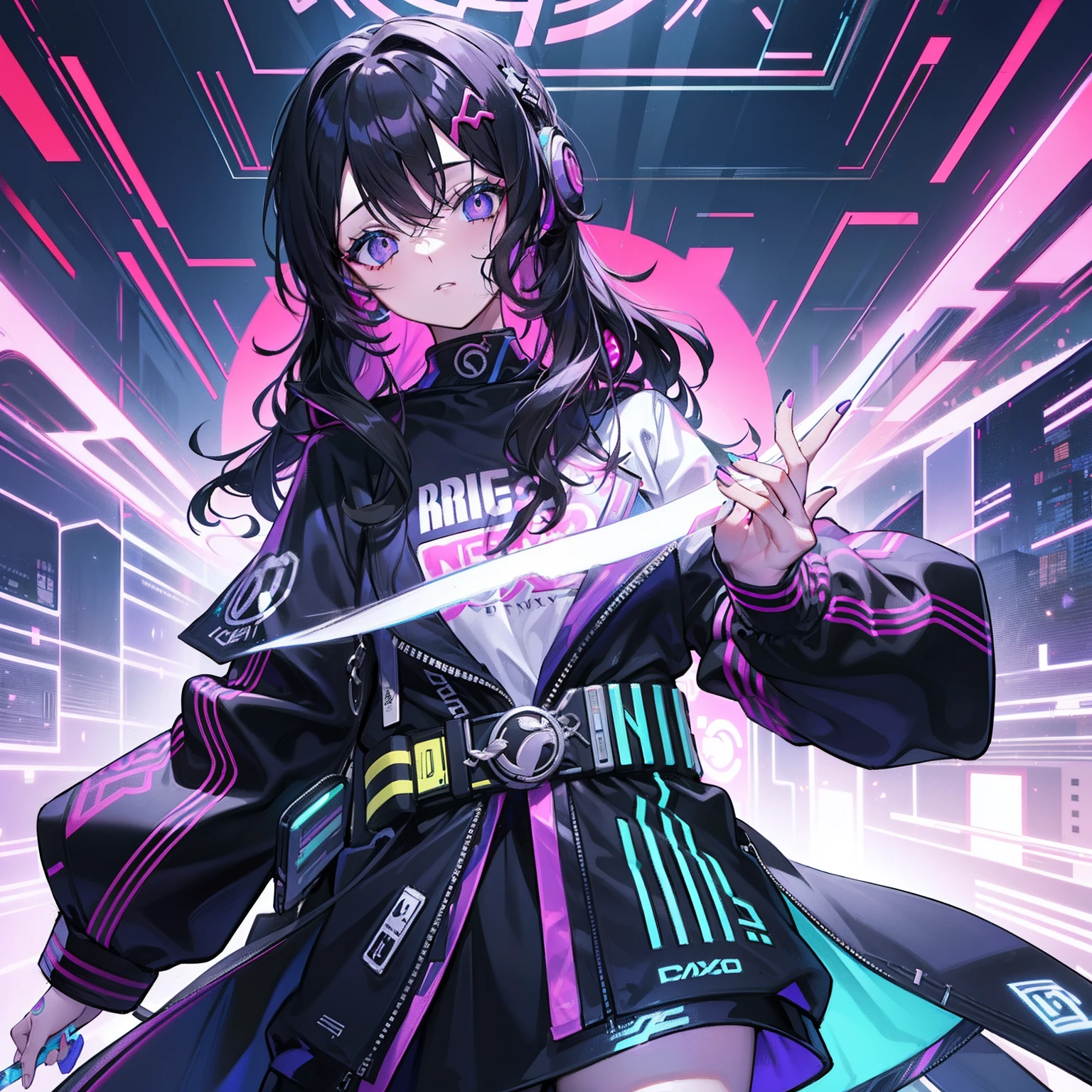 Mulher anime branca usando fones de ouvido pretos com asas de abelha com luzes led rgb, Medium-sized curly black wavy hair, sardas, covinhas, Olhos pretos, Oversized black sweatshirt with cool design pattern, large eyelashes, DJ gamer menina, estilo phonk com detalhes em neon em torno futurista, asas de abelha em cada lado do fone de ouvido, rosto fechado para cima, foco no rosto, fomes de ouvidos bluetooth, headphones com asas, fundo cyberpunk universo futurista, large false eyelashes, fones de ouvidos na orelha, purple and lilac color palette, Fone de ouvido gamer com asas de abelha led