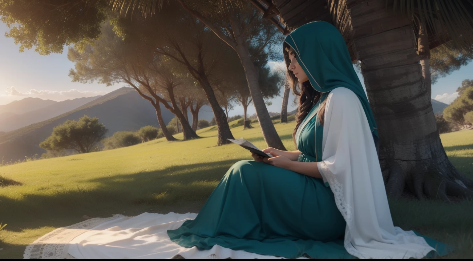 Gere uma imagem realista, with cinematic lighting, 4k,  that depicts the scene of Deborah sitting under the palm tree, as described in Judges 4:5. Detalhe sua vestimenta, respecting the context of the time. She must wear costumes typical of the culture of the time, like a long cloak and a modest veil. The surrounding landscape should reflect the mountainous region of Ephraim, com a palmeira oferecendo sombra generosa. As montanhas e colinas distantes devem completar o plano de fundo, creating a tranquil and secluded environment where Deborah hears the stories and issues of the people of Israel in the soft sunlight. Transmita a serenidade do momento, highlighting the importance of the tree as a place of wisdom and discernment.