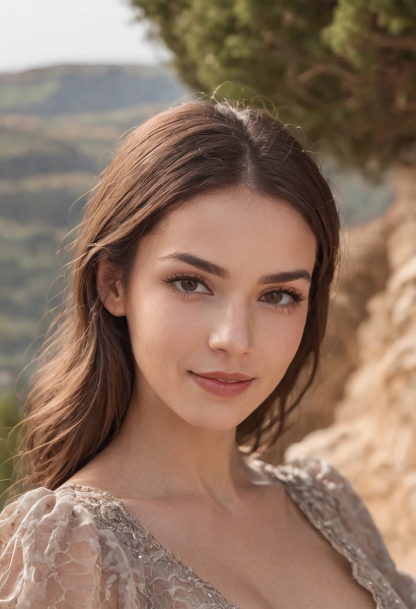 "Beautiful girl with a captivating smile in a picturesque landscape of Portugal."