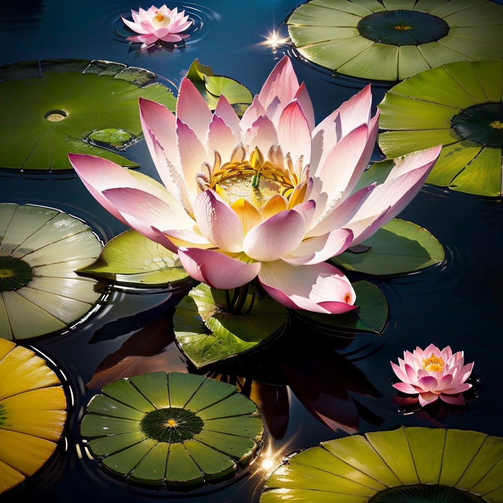 Flor de lotus em agua cristalina e pedras iluminadas.