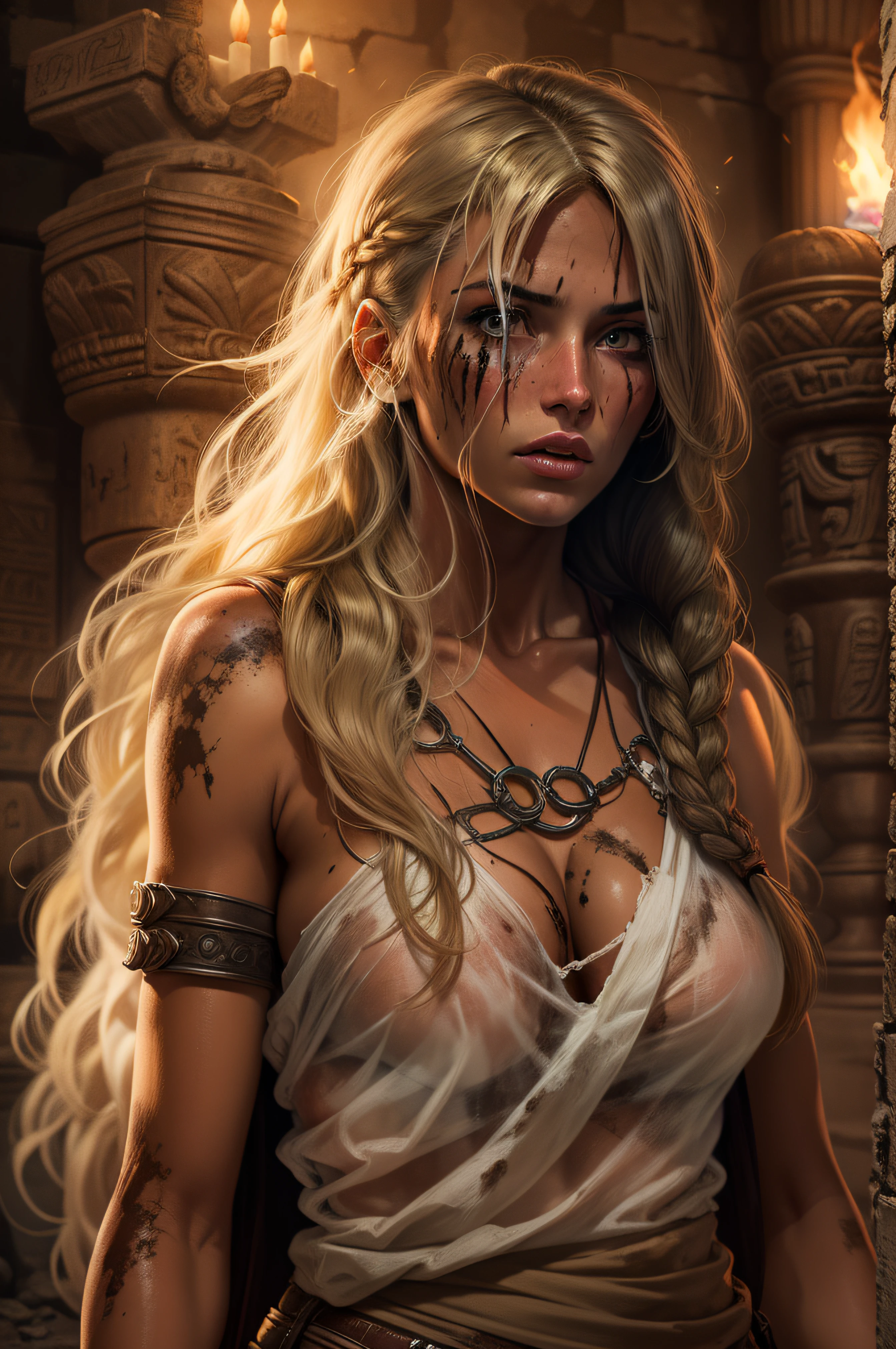A female tomb raider with long blonde hair and slightly shiny tanned skin dressed only in a loose open dripping white loincloth, which consists of braided metal rings, stands in a dark room lit with flickering torches on the inside of a large very old mysterious underground Egyptian temple. Her skin and clothes are dirty with mud. A large dark menacing shadow moves in the background.