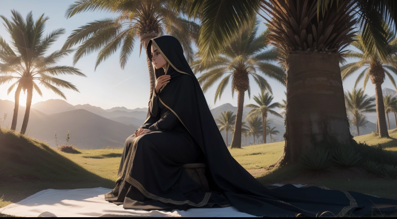 Gere uma imagem realista, with cinematic lighting, 4k, that depicts the scene of Deborah sitting under the palm tree, as described in Judges 4:5. Detalhe sua vestimenta, respecting the context of the time. She must wear costumes typical of the culture of the time, like a long cloak and a modest veil. The surrounding landscape should reflect the mountainous region of Ephraim, com a palmeira oferecendo sombra generosa. As montanhas e colinas distantes devem completar o plano de fundo, creating a tranquil and secluded environment where Deborah hears the stories and issues of the people of Israel in the soft sunlight. Transmita a serenidade do momento, highlighting the importance of the tree as a place of wisdom and discernment.