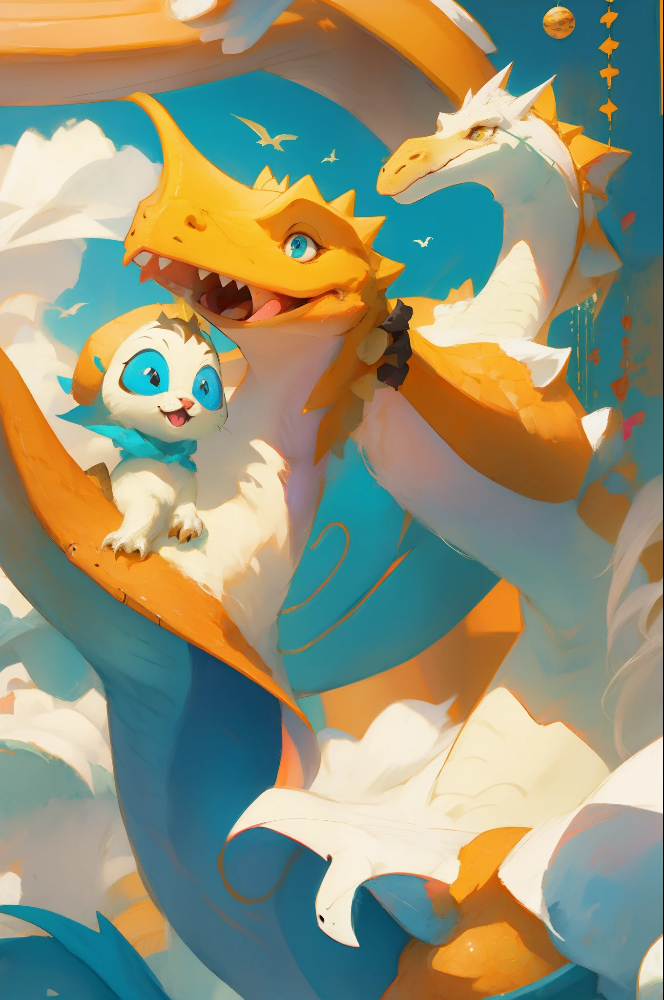 The cartoon dragon pet is lying on the pillow, a (extremely cute) good baby dragon (lying on a soft white mattress, (sleepy hazy eyes) two (blue and translucent) big eyes curiously looking around, drool at the corners of the mouth, furaffinity committee, fursona furry art committee