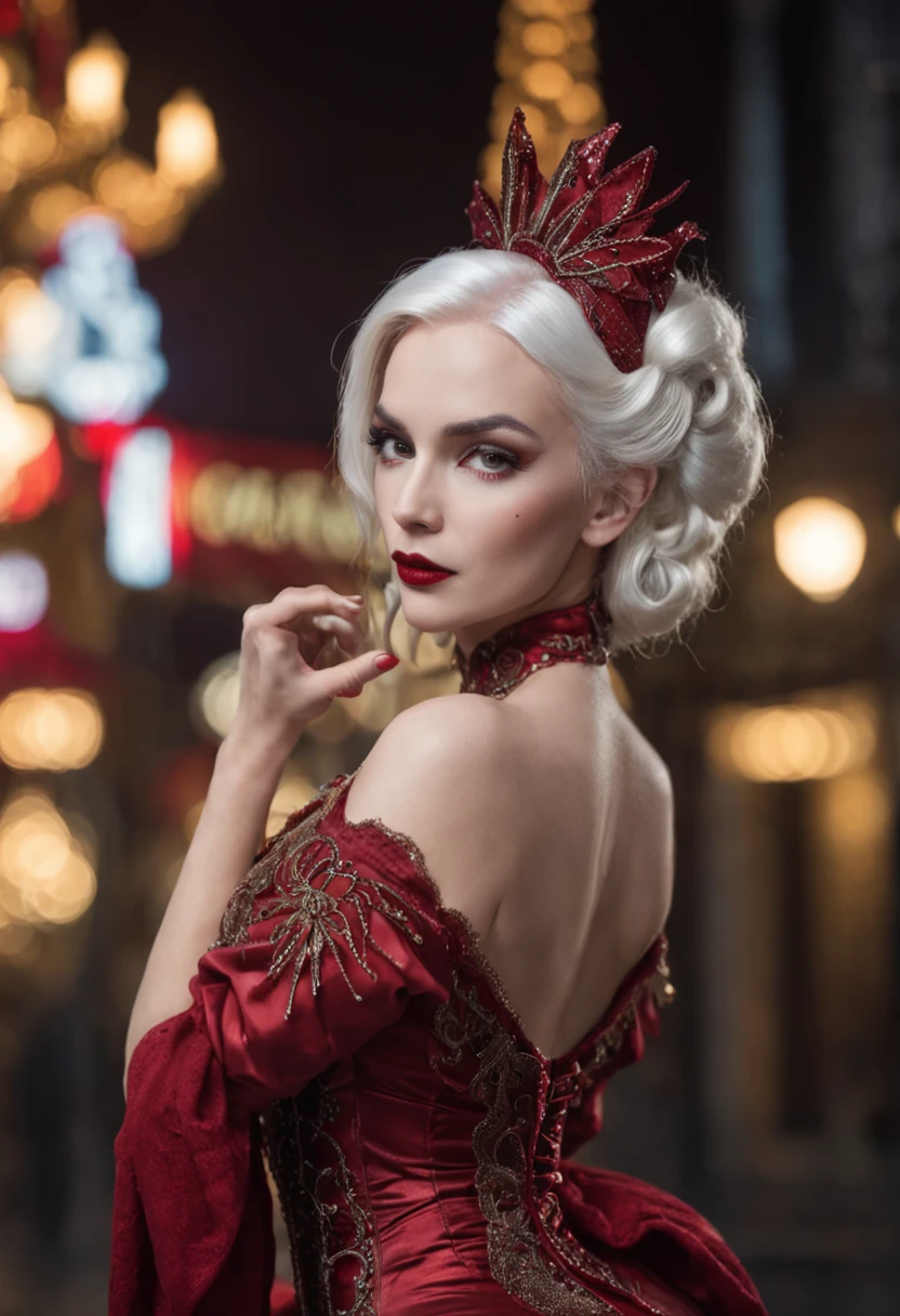 fullbody photoshoot of Moulin Rouge character a real gorgeous villian woman with snow white hair, red lips, a lush hourglass figure, in black polishing latex mini, intricate detailed in richest bejeweled, background moulin rouge, dramatic lighting, hyper realistic, 8k cinematic, UHD, 1080p, HQ