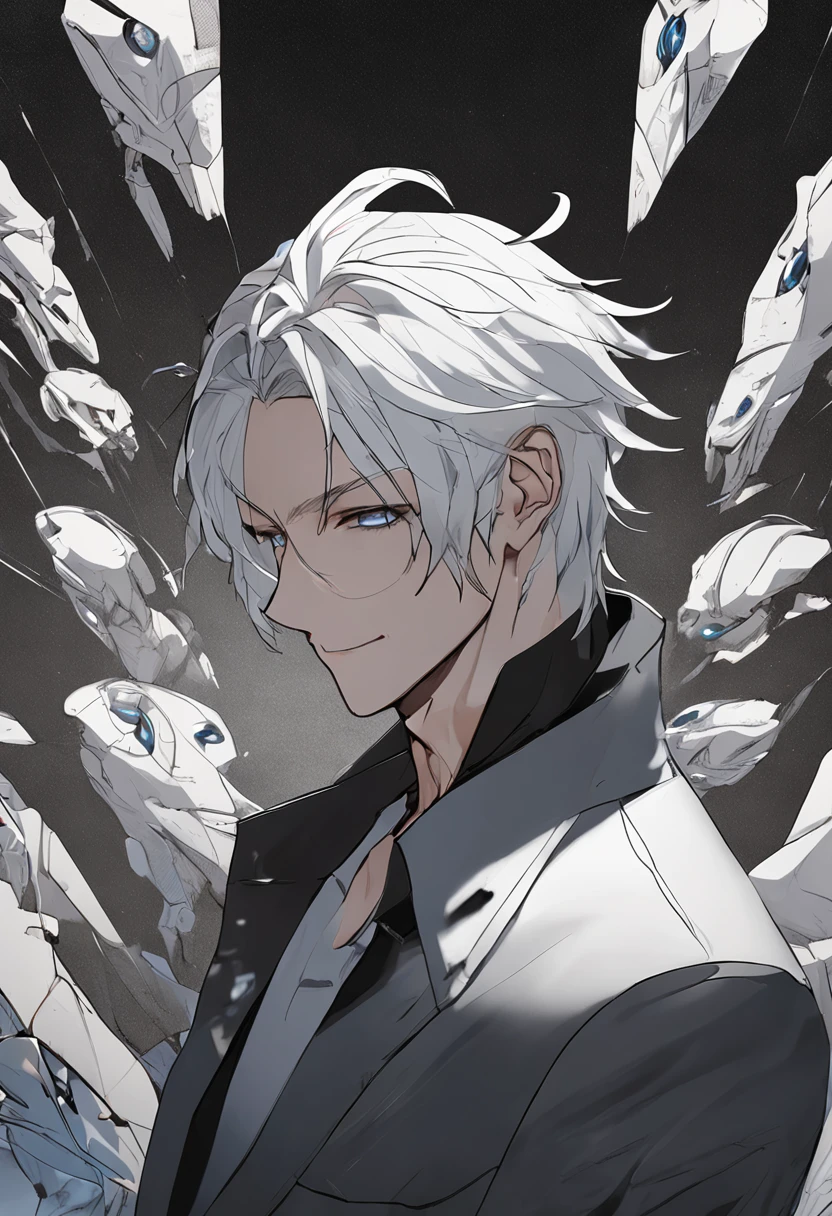 Side dorsal head, eBlue eyes, cool guy, White hair, Seductive smile, hyper HD, blacksuit, white skinned, Persona diagram, The upper part of the body, Pan, High detail