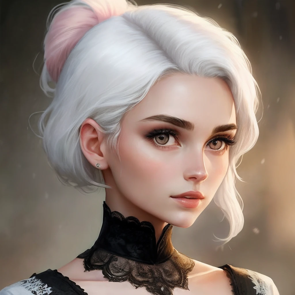 Dark eyes lined and smoky. Big, plump, red lips. High, arched cheekbones and eyebrows. Short, shoulder-length, unnatural silver hair, which suits her pale complexion.