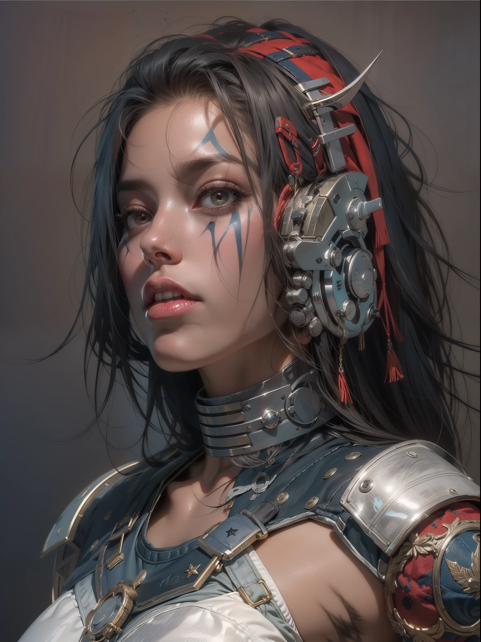 (((mulher))), (((melhor qualidade))), (((obra prima))), (((adulto))), (((1girl))), ((( corte de cabelo bob ))), ((( bonnet ))), Uma gladiadora cyberpunk mulher de 25 anos com corpo perfeito, shoulder pads with metal spines, Gladiadores do Brooklyn, (( corte de cabelo bob )), tiny leather panties, camiseta de time de rugby rasgada, quase nua no estilo selvagem urbano de Simon Bisley para a capa da revista Heavy Metal, Cabelo loiro curto, Minimum clothing, Metal protection on the left arm with intricate graphics, Dark red with white stars and white and navy blue checkerboard pattern, armadura, cheio de pontas e rebites, (((do joelho pra cima))), cabelos loiro branco curto, no fundo uma parede pintada por Shepard Fairey com um design intrincado