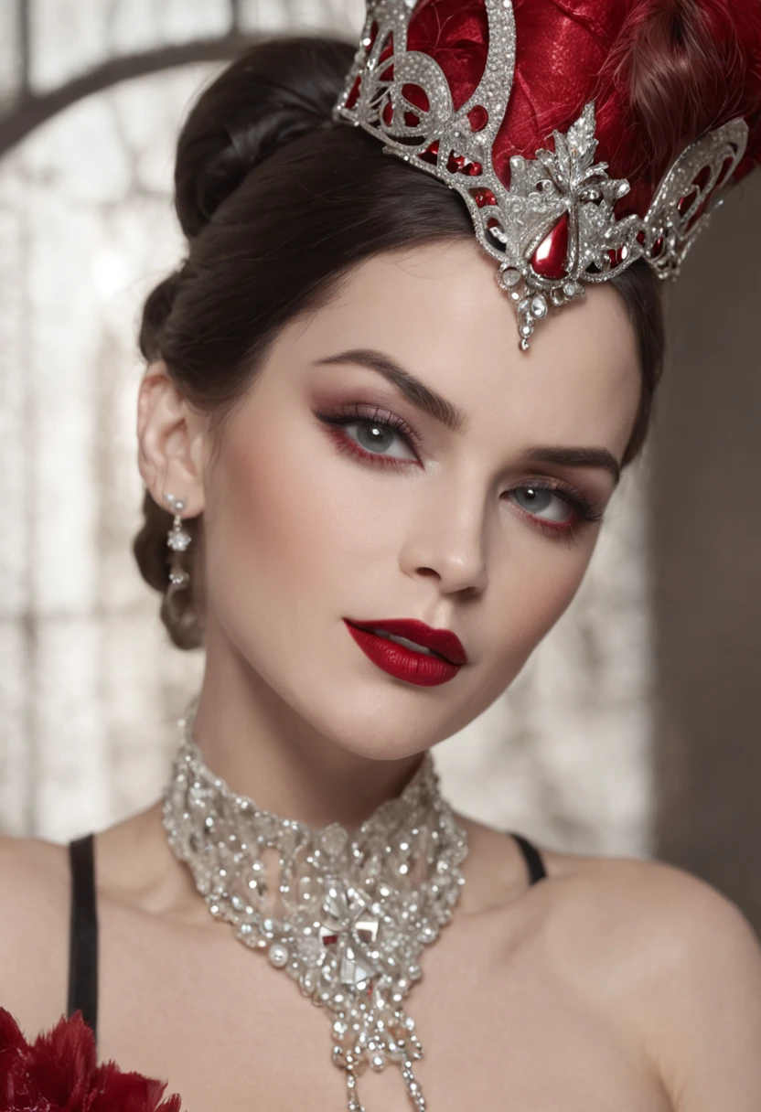 photoshoot de corpo inteiro do personagem Moulin Rouge uma mulher villiana realmente lindo com cabelo branco de neve, red lips, uma exuberante figura de ampulheta, in black latex polishing mini, intrincado detalhado em bejeweled mais rico, Fundo Moulin Rouge, dramatic lighting, hyper realistic, 8k cinematic, UHD, 1080P, QG
