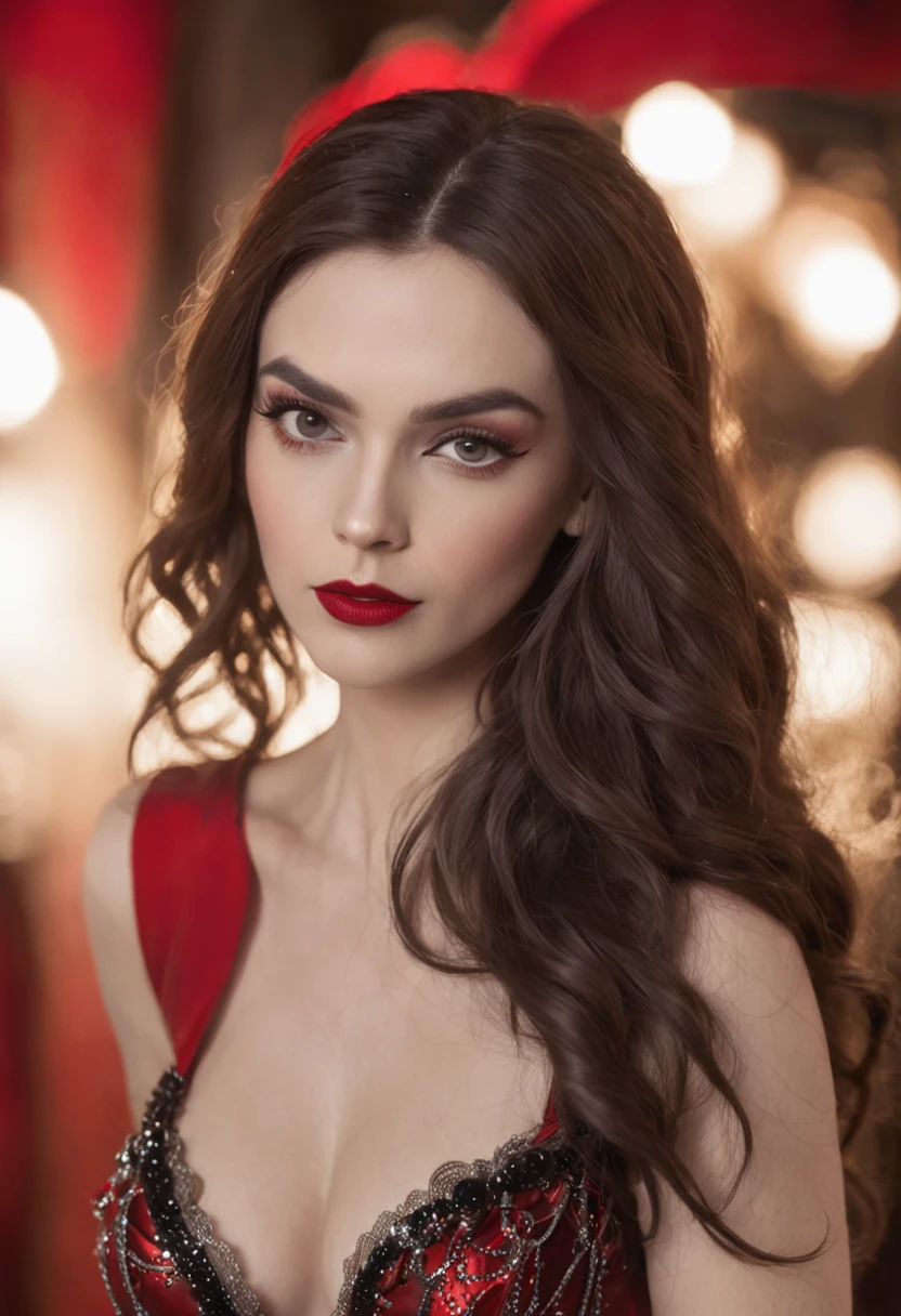 photoshoot de corpo inteiro do personagem Moulin Rouge uma mulher villiana realmente lindo com cabelo branco de neve, red lips, uma exuberante figura de ampulheta, in black latex polishing mini, intrincado detalhado em bejeweled mais rico, Fundo Moulin Rouge, dramatic lighting, hyper realistic, 8k cinematic, UHD, 1080P, QG