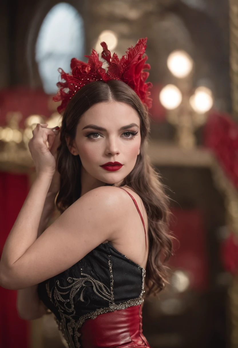 photoshoot de corpo inteiro do personagem Moulin Rouge uma mulher villiana realmente lindo com cabelo branco de neve, red lips, uma exuberante figura de ampulheta, in black latex polishing mini, intrincado detalhado em bejeweled mais rico, Fundo Moulin Rouge, dramatic lighting, hyper realistic, 8k cinematic, UHD, 1080P, QG